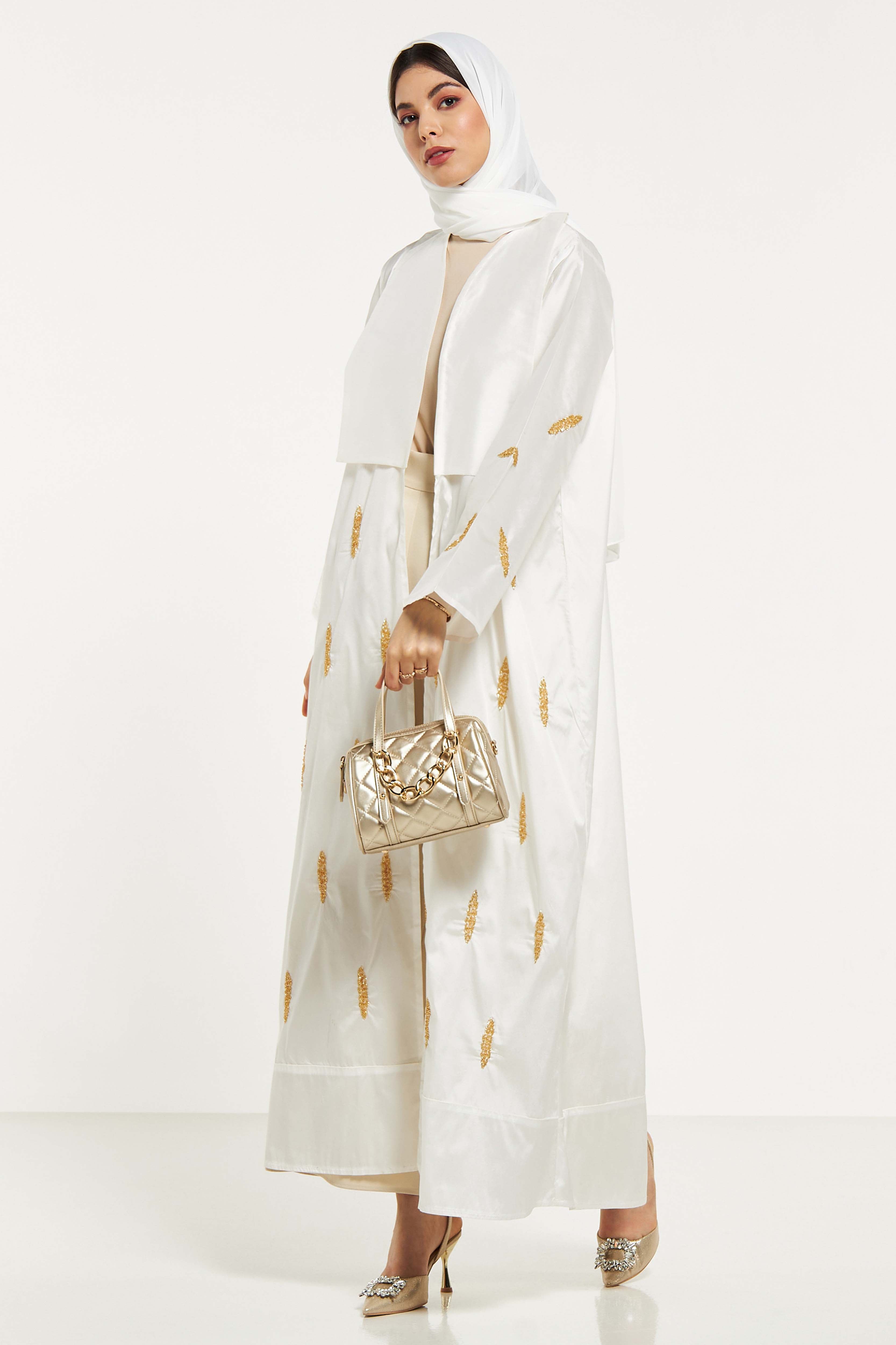 MOiSTREET Bead Embellished Abaya with Solid Panel Overlay and Sheila