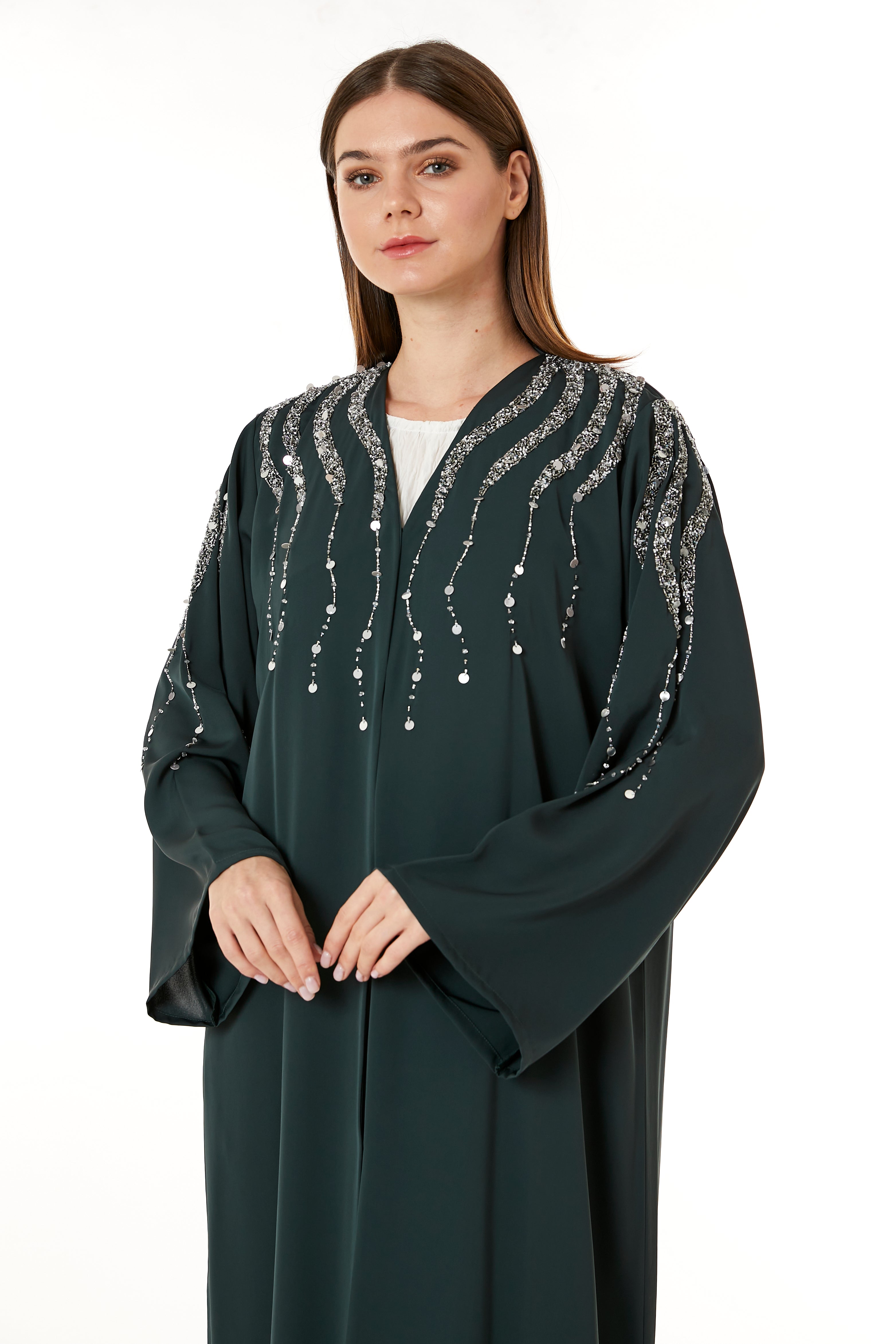 Dark Green Korean Nida Hand Embellished Abaya