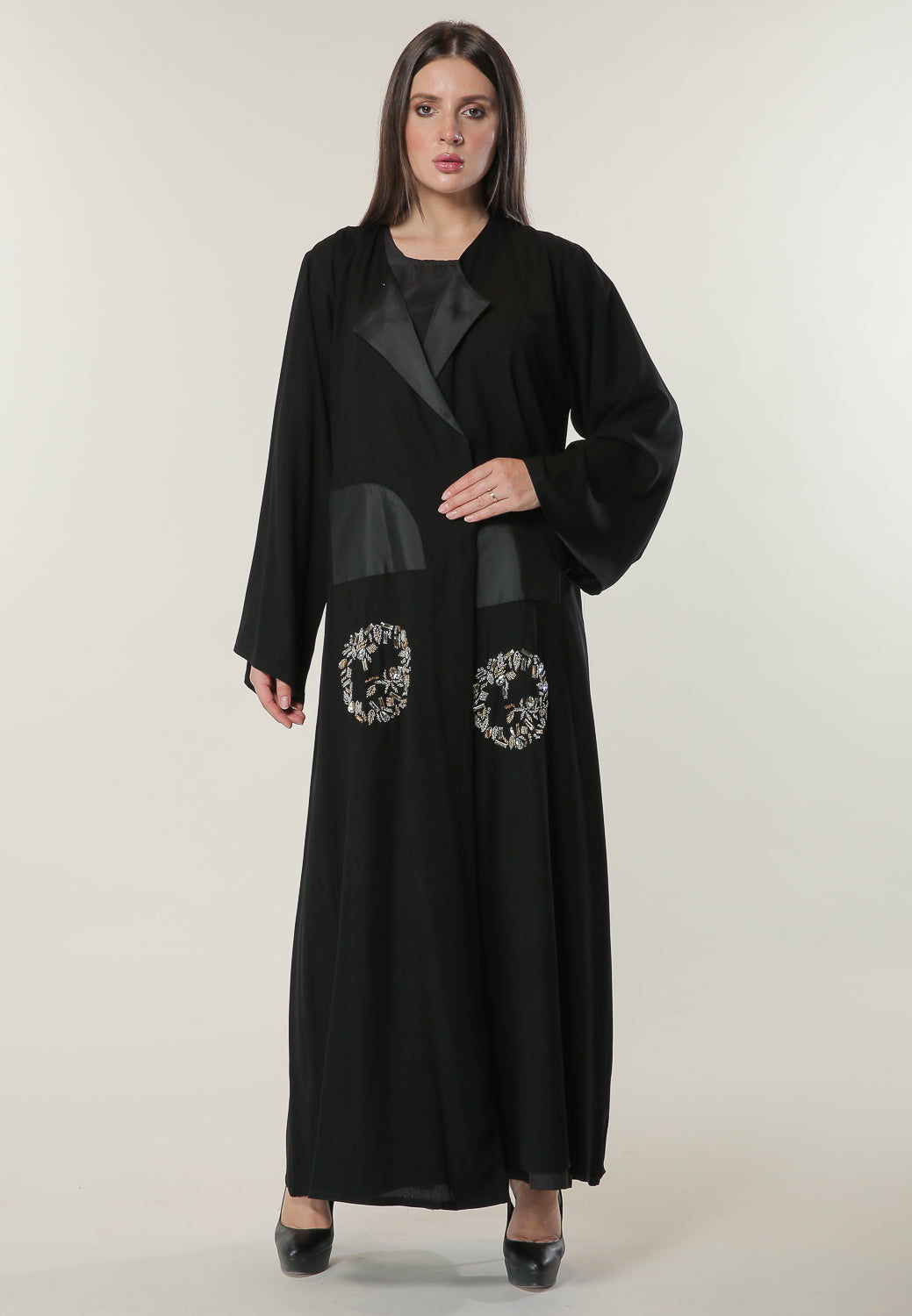 MOiSTREET Black Abaya with Abstract Beads and Thread work