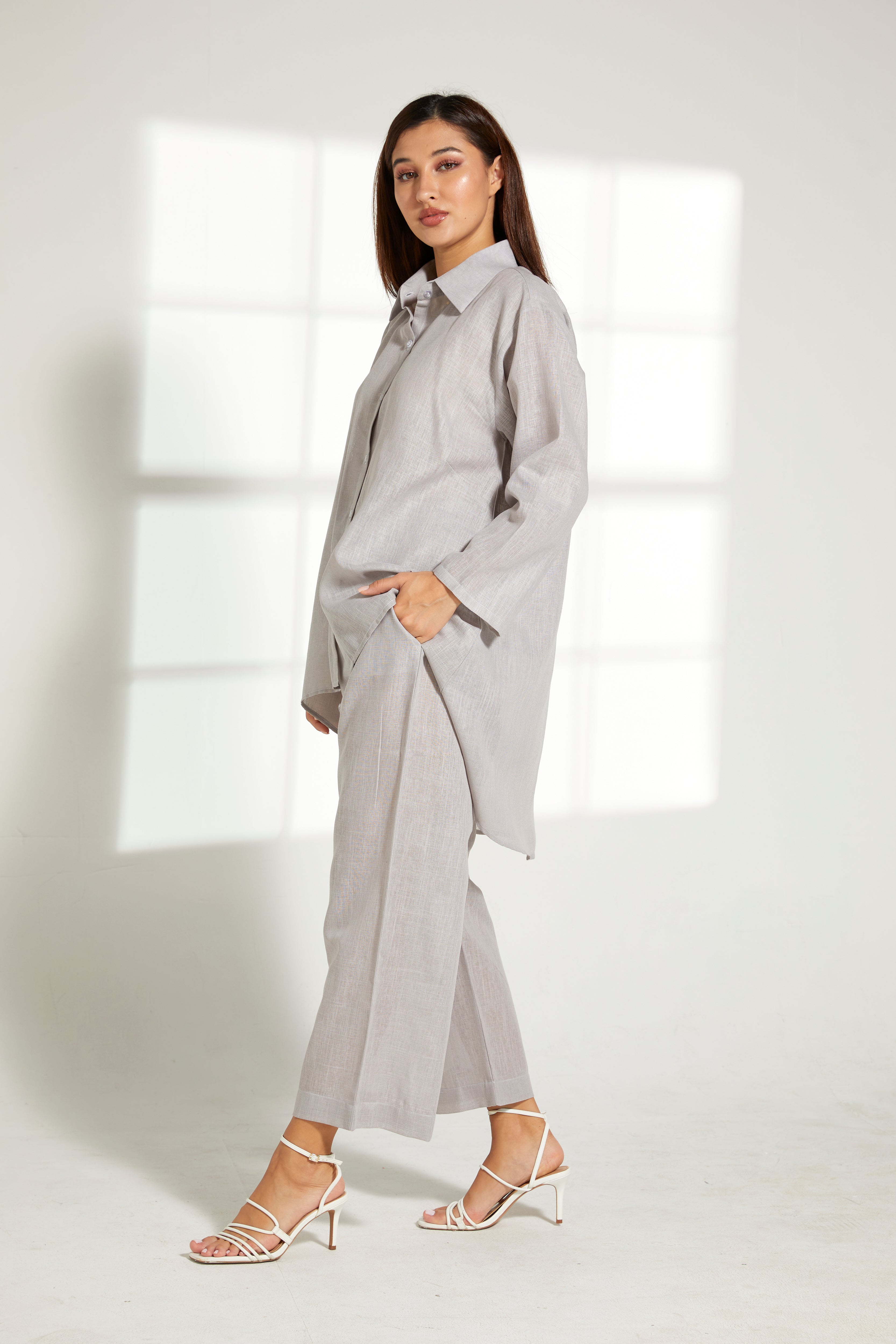MOiSTREET Grey Linen Fabric Top and Pants Set
