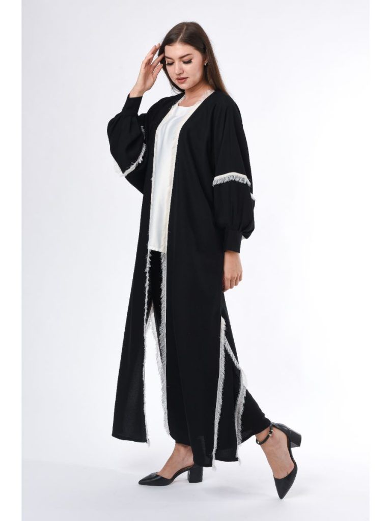 MOiSTREET Black Abaya with White Fringe Detail