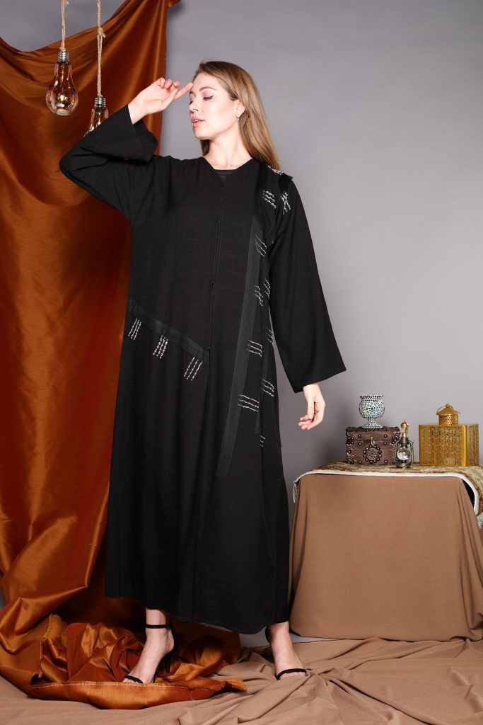 MOiSTREET Black Crystal Embroidery Abaya