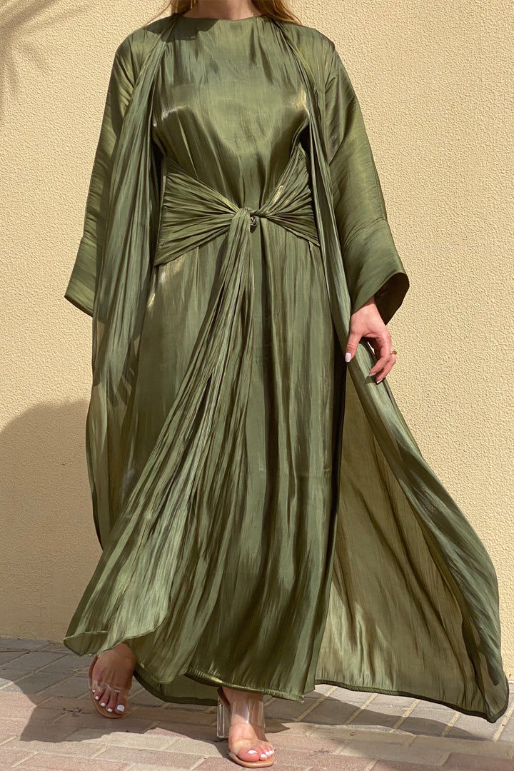 MOiSTREET Rotana Shimmer Green Abaya Set Comes With 3 Piece