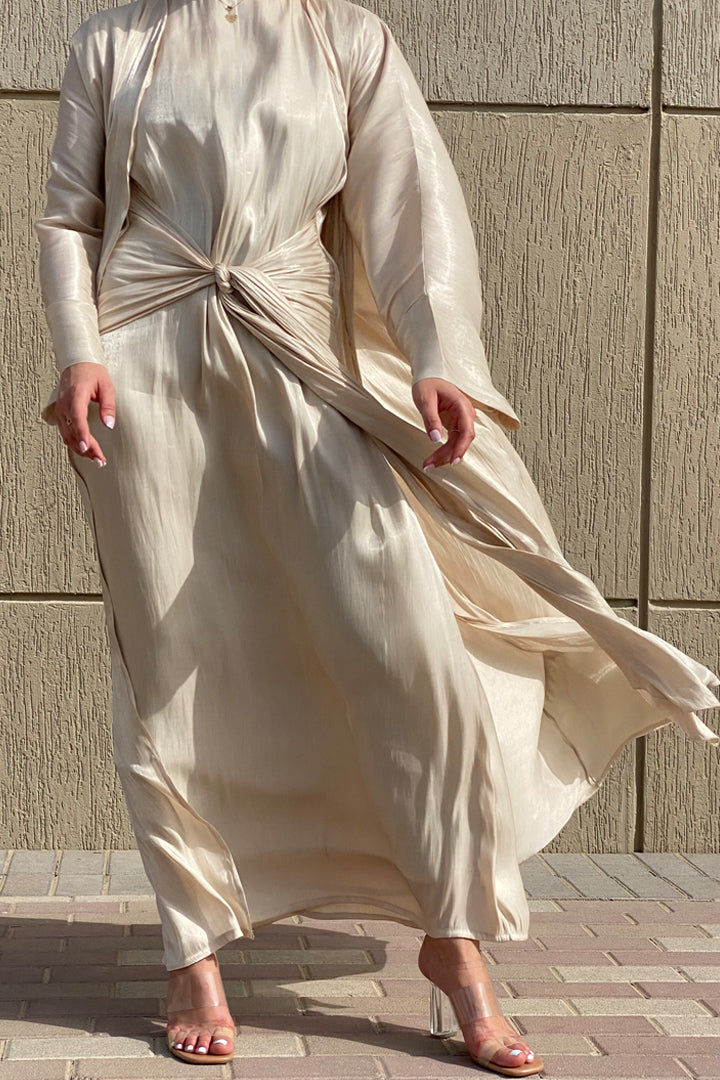 MOiSTREET Rotana Shimmer Beige Abaya Set Comes With 3 Piece