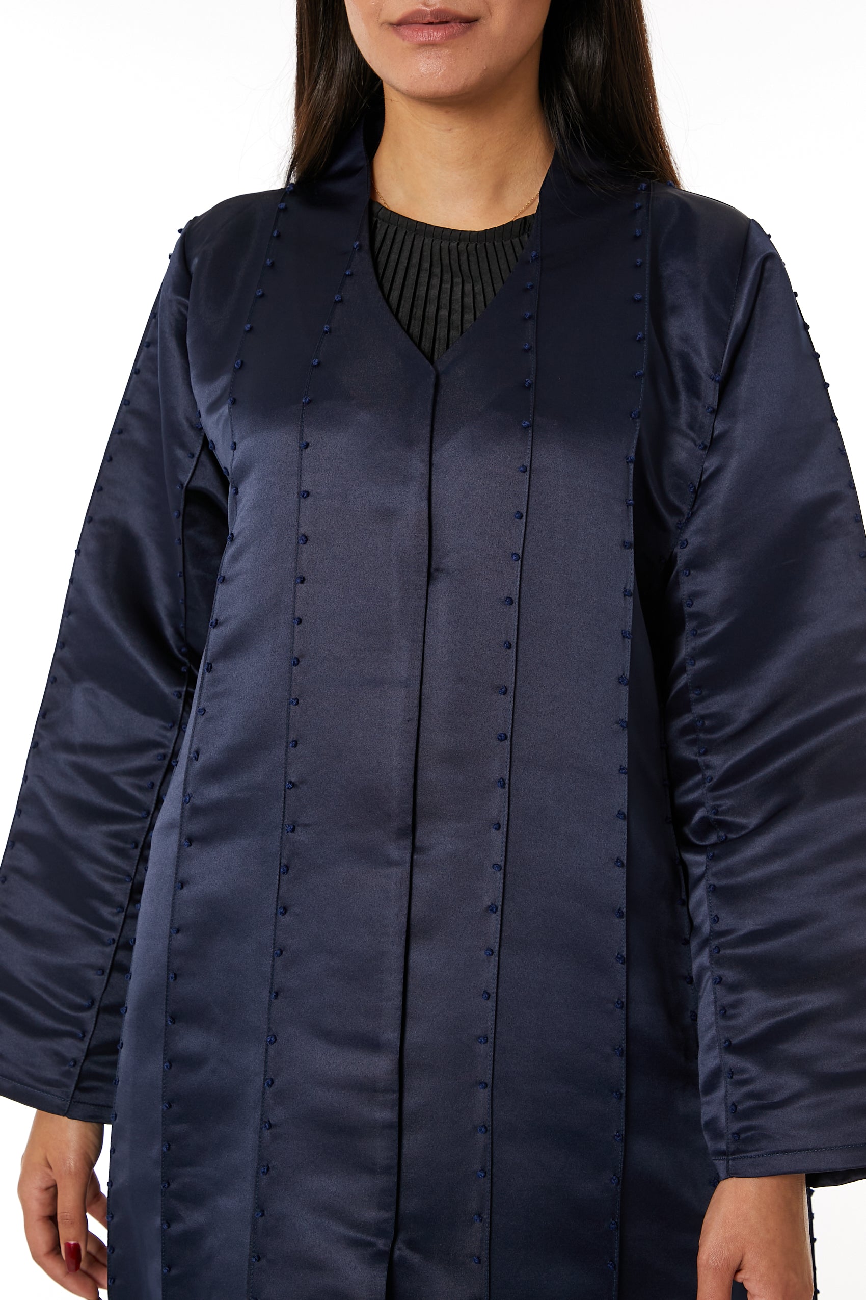 MOiSTREET Navy Bridal Satin Thread Work Open Abaya