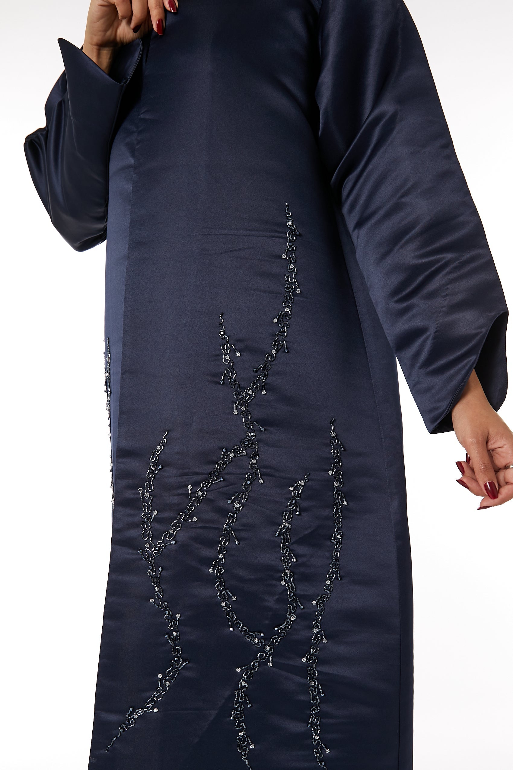 MOiSTREET Navy Bridal Satin Embroidered Open Abaya