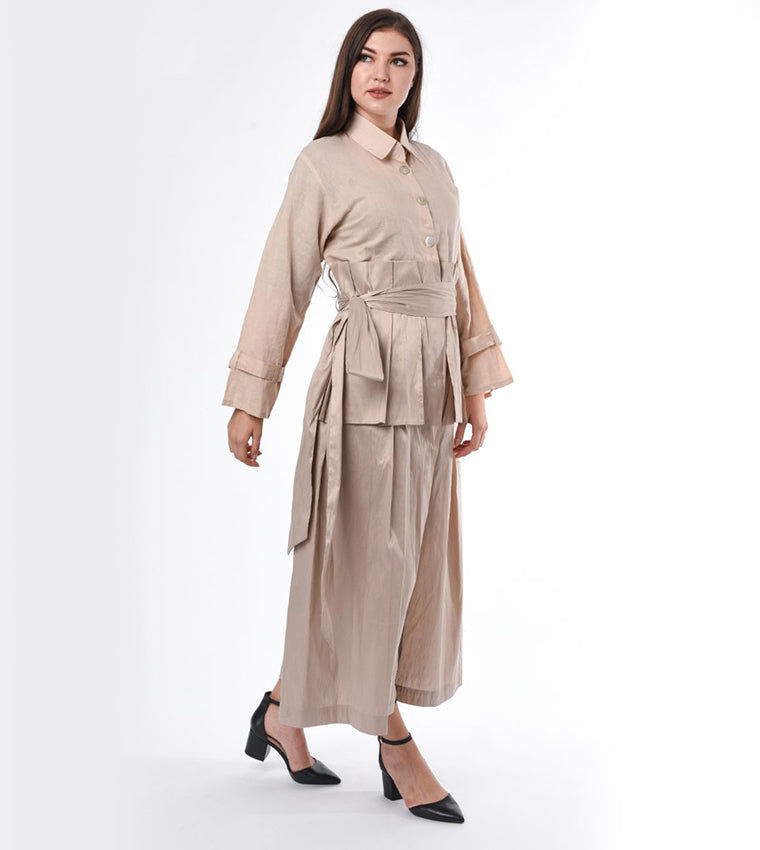 MOiSTREET Belt Abaya with Heavy Pleated Detail