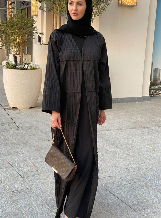 MOiSTREET Polyester Black Wrinkled Embroidery Abaya