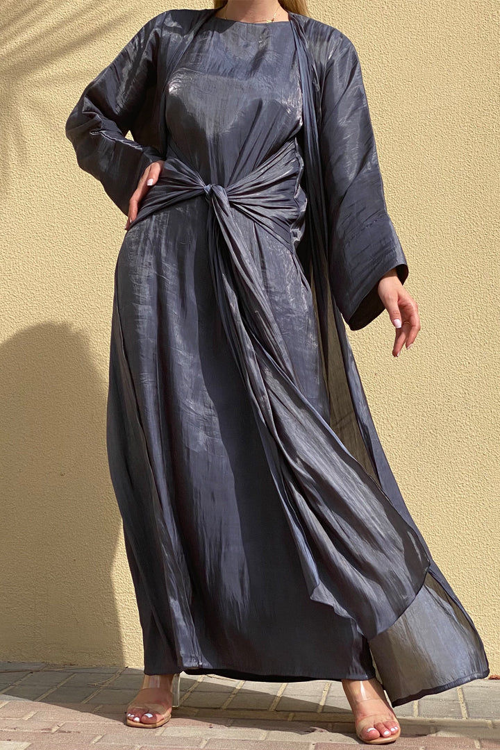 MOiSTREET Rotana Shimmer Mid Grey Abaya Set Comes With 3 Piece