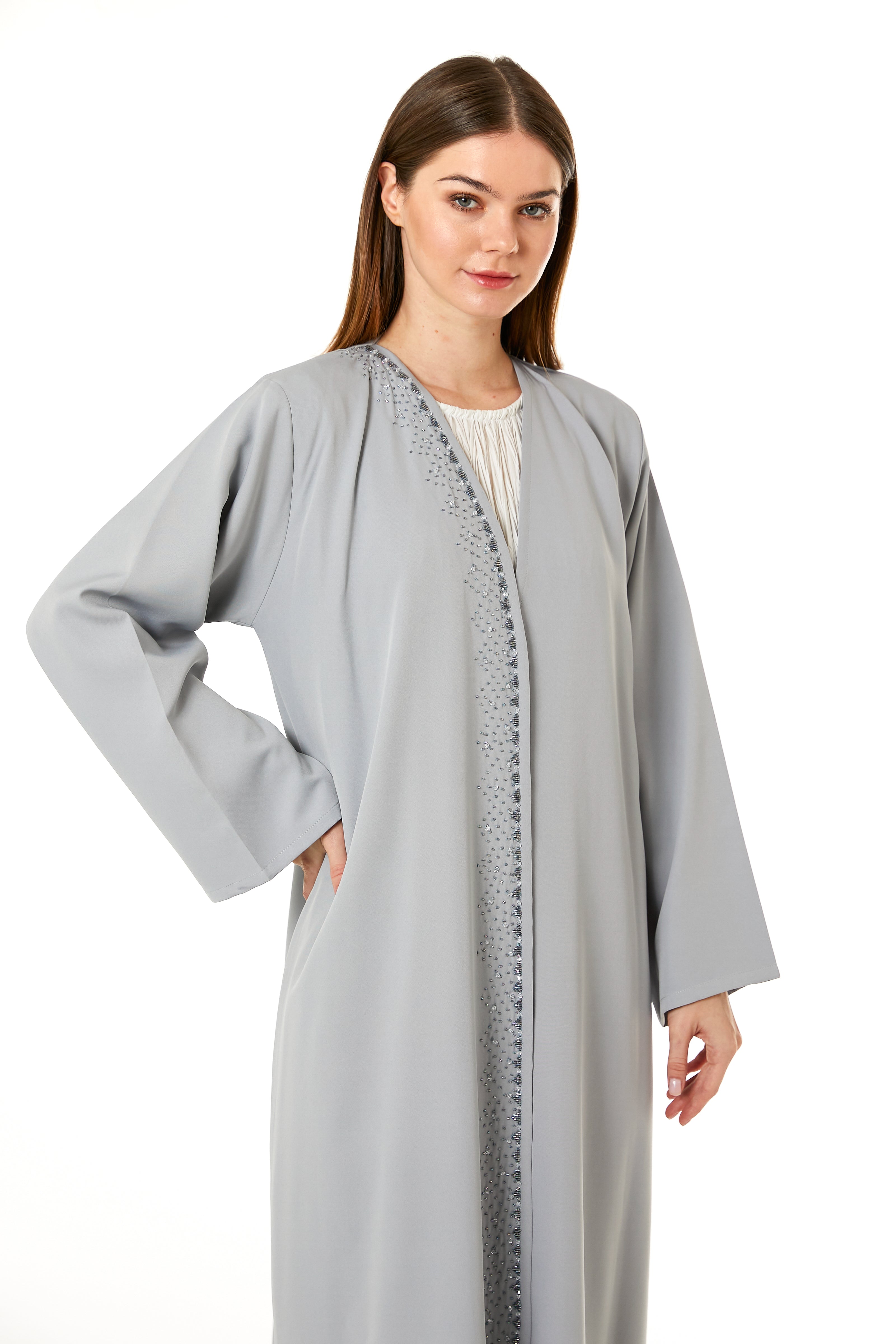 Grey Barbie Crepe Hand Embellished Abaya