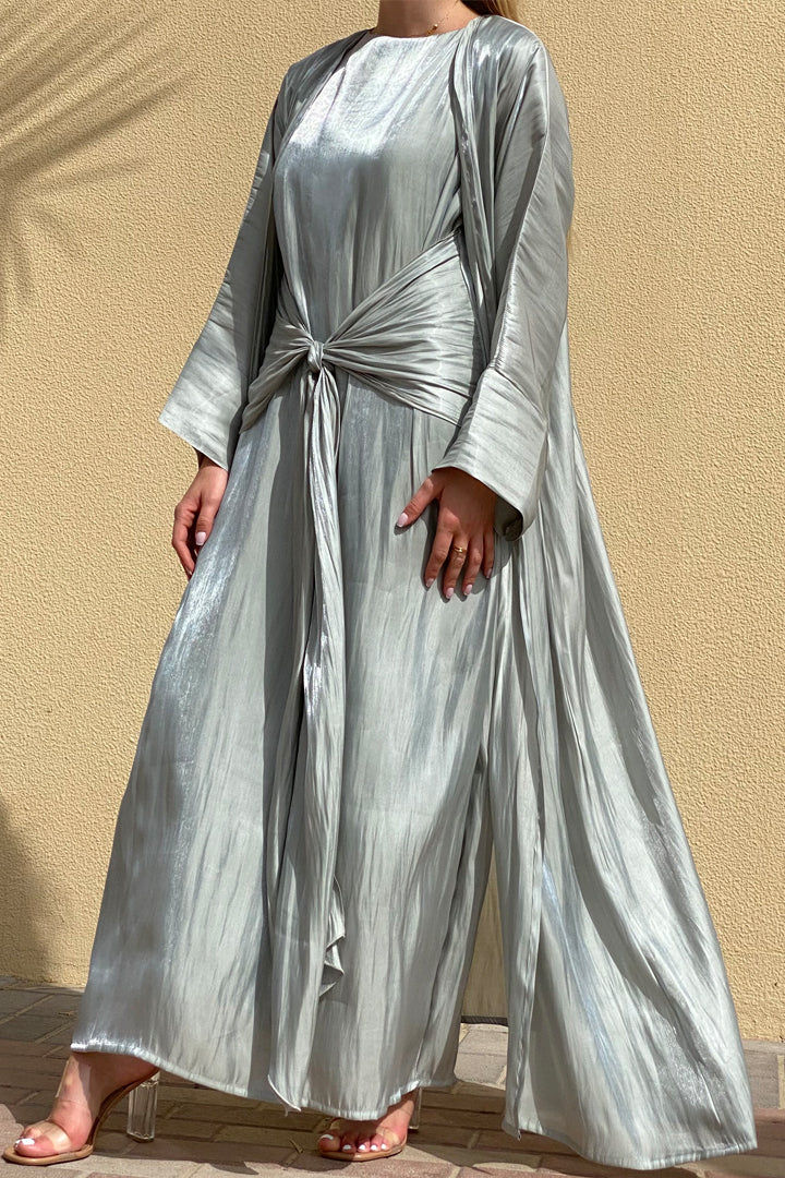 MOiSTREET Rotana Shimmer Tiara Grey Abaya Set Comes With 3 Piece