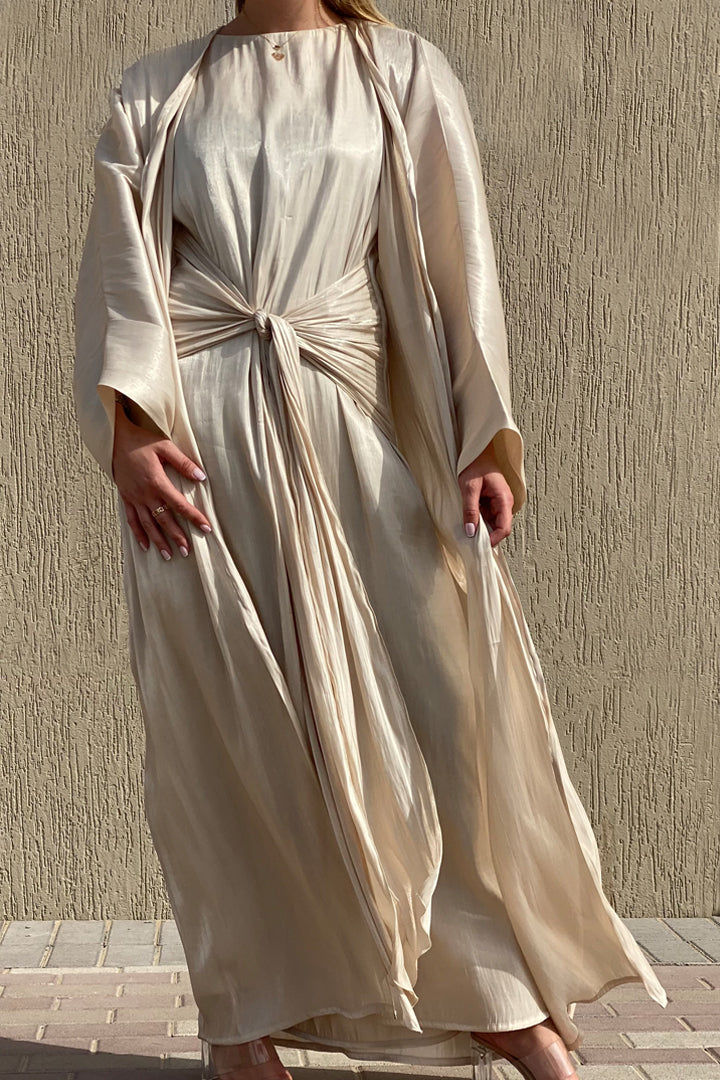 MOiSTREET Rotana Shimmer Beige Abaya Set Comes With 3 Piece