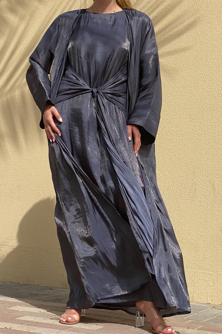 MOiSTREET Rotana Shimmer Mid Grey Abaya Set Comes With 3 Piece