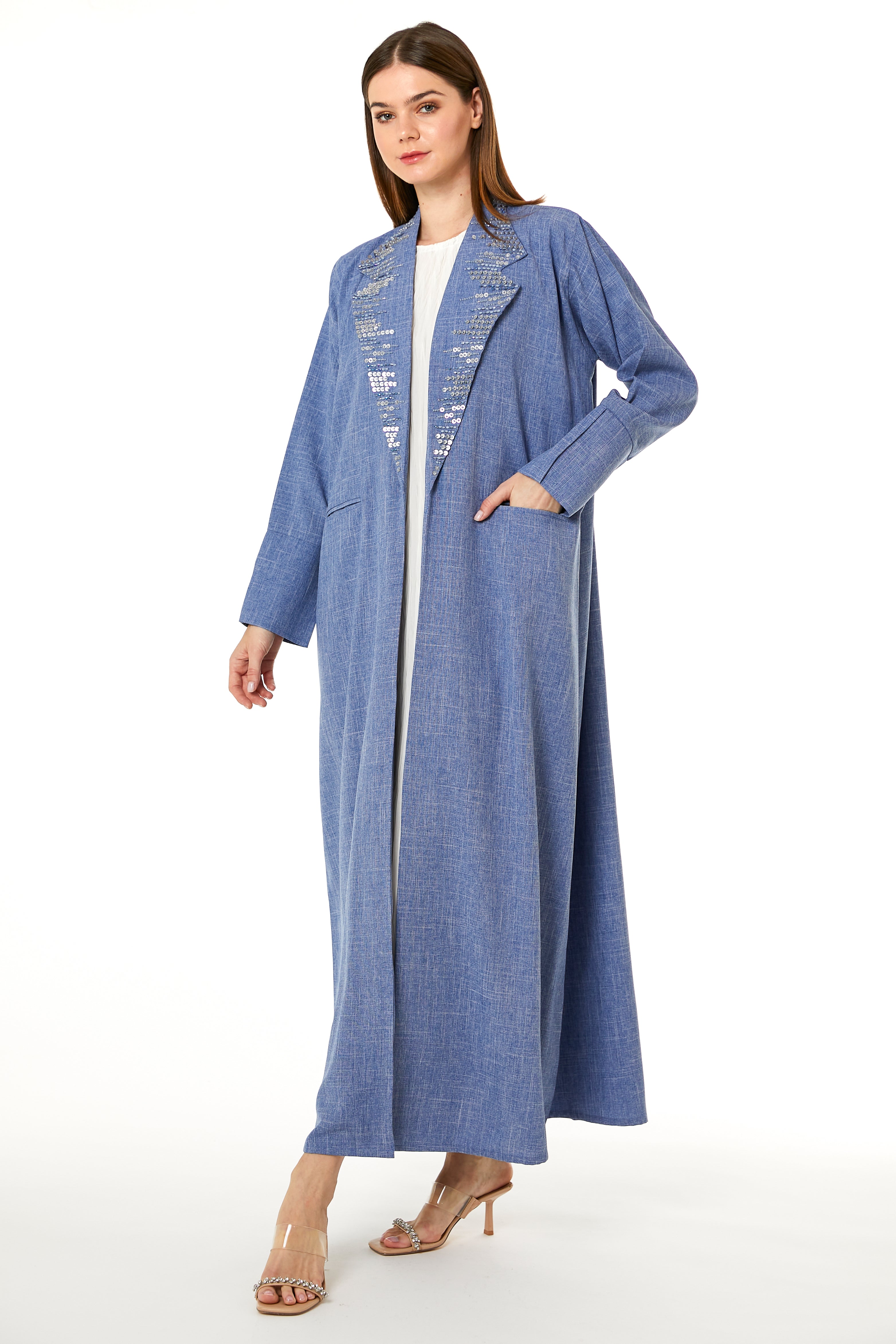 MOiSTREET Blue Melange Hand Embellished Abaya