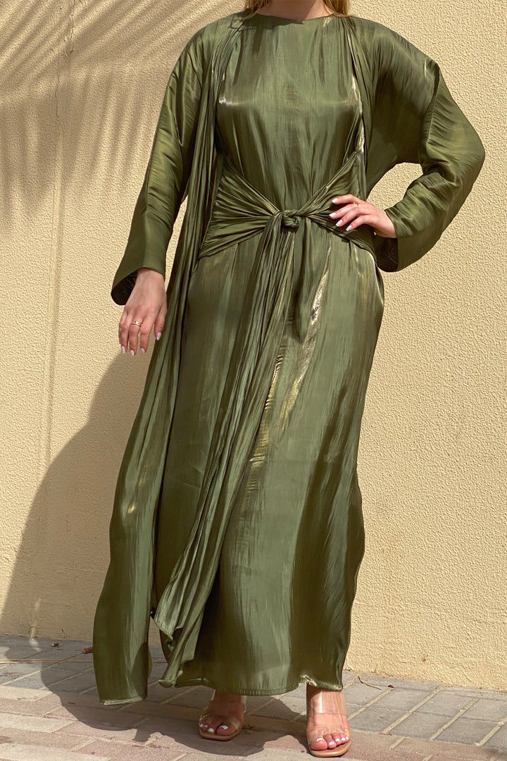 MOiSTREET Rotana Shimmer Green Abaya Set Comes With 3 Piece
