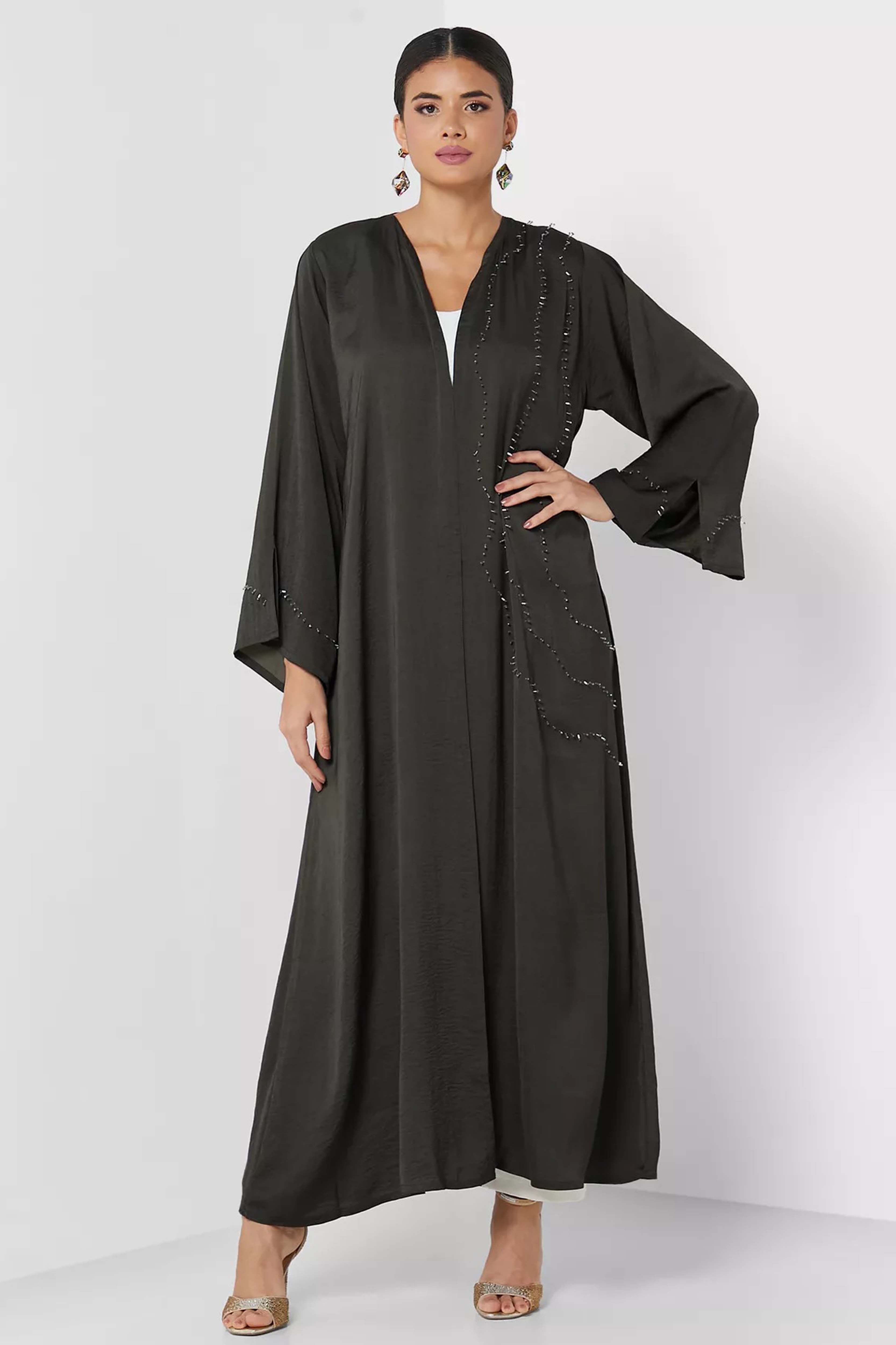 MOiSTREET Classic  Harir Maqsood Dark Green Abaya With Handwork