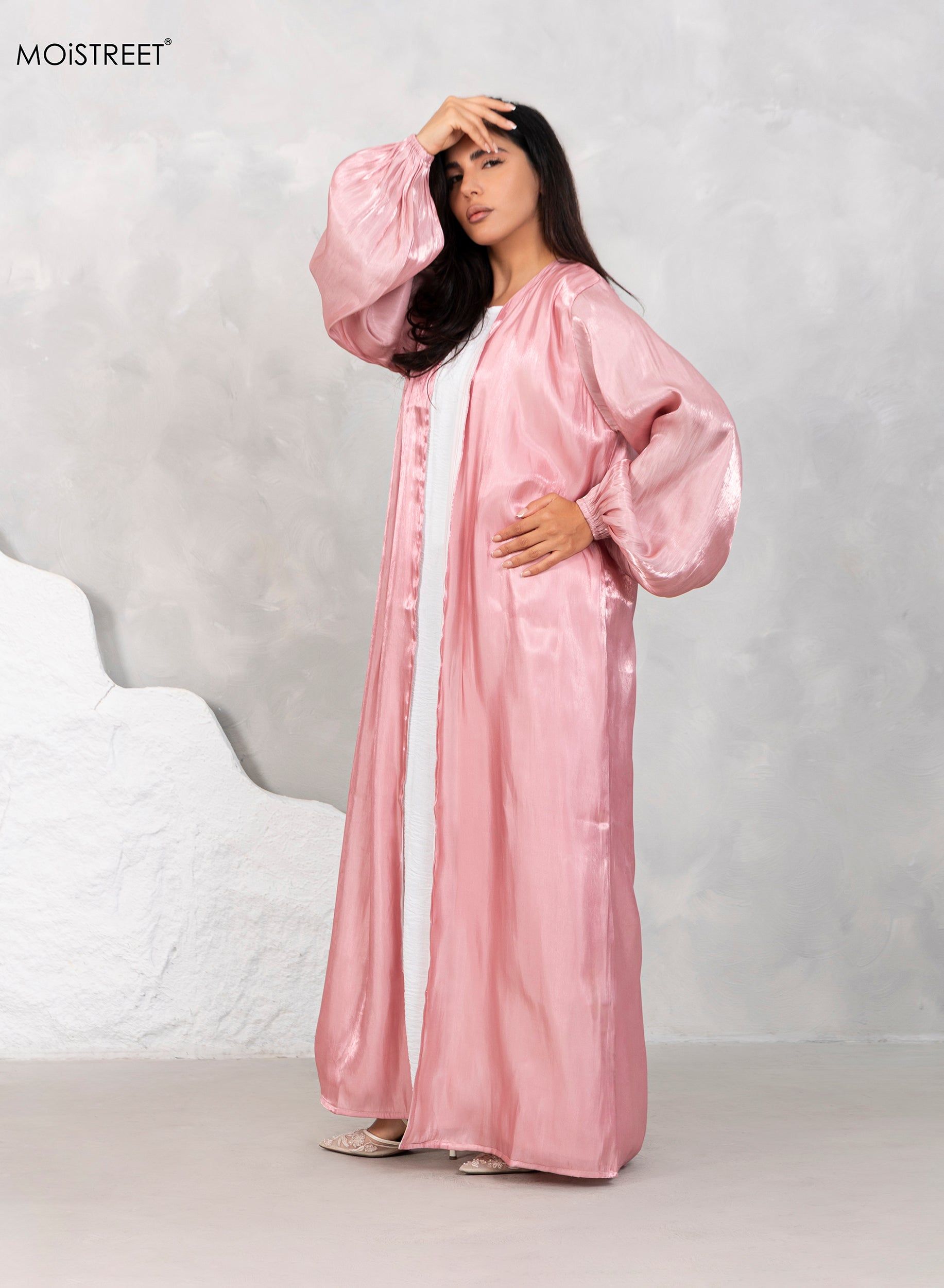 MOiSTREET Rotana Shimmer Pink Abaya Set with Under Dress & Sheila