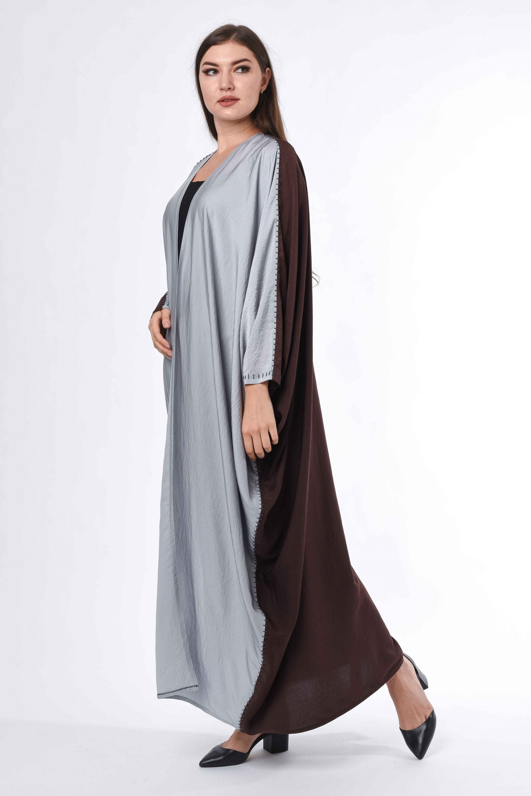 MOiSTREET Grey Brown Abaya with Hand Buck Stitch