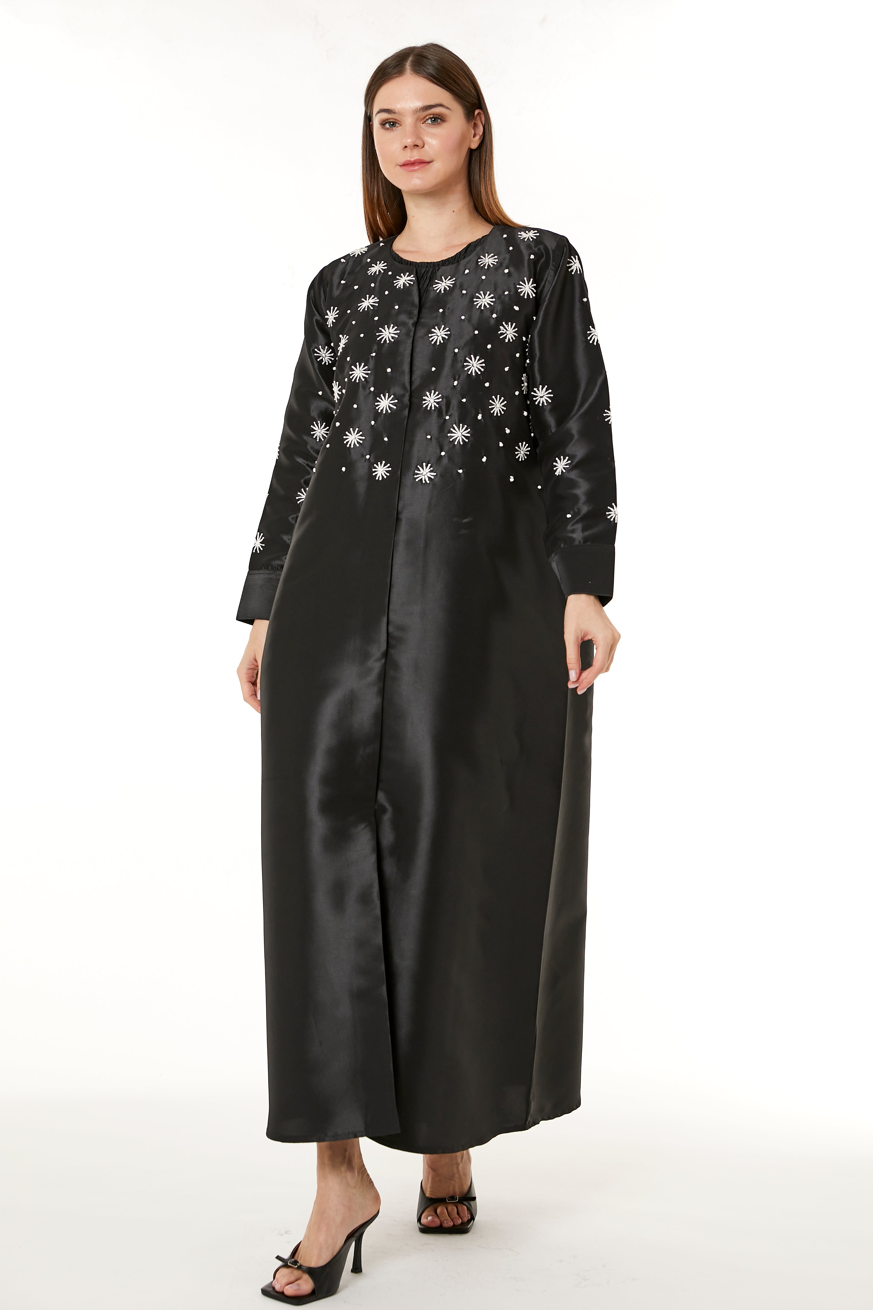 Black Victoria Satin Embroidered Abaya