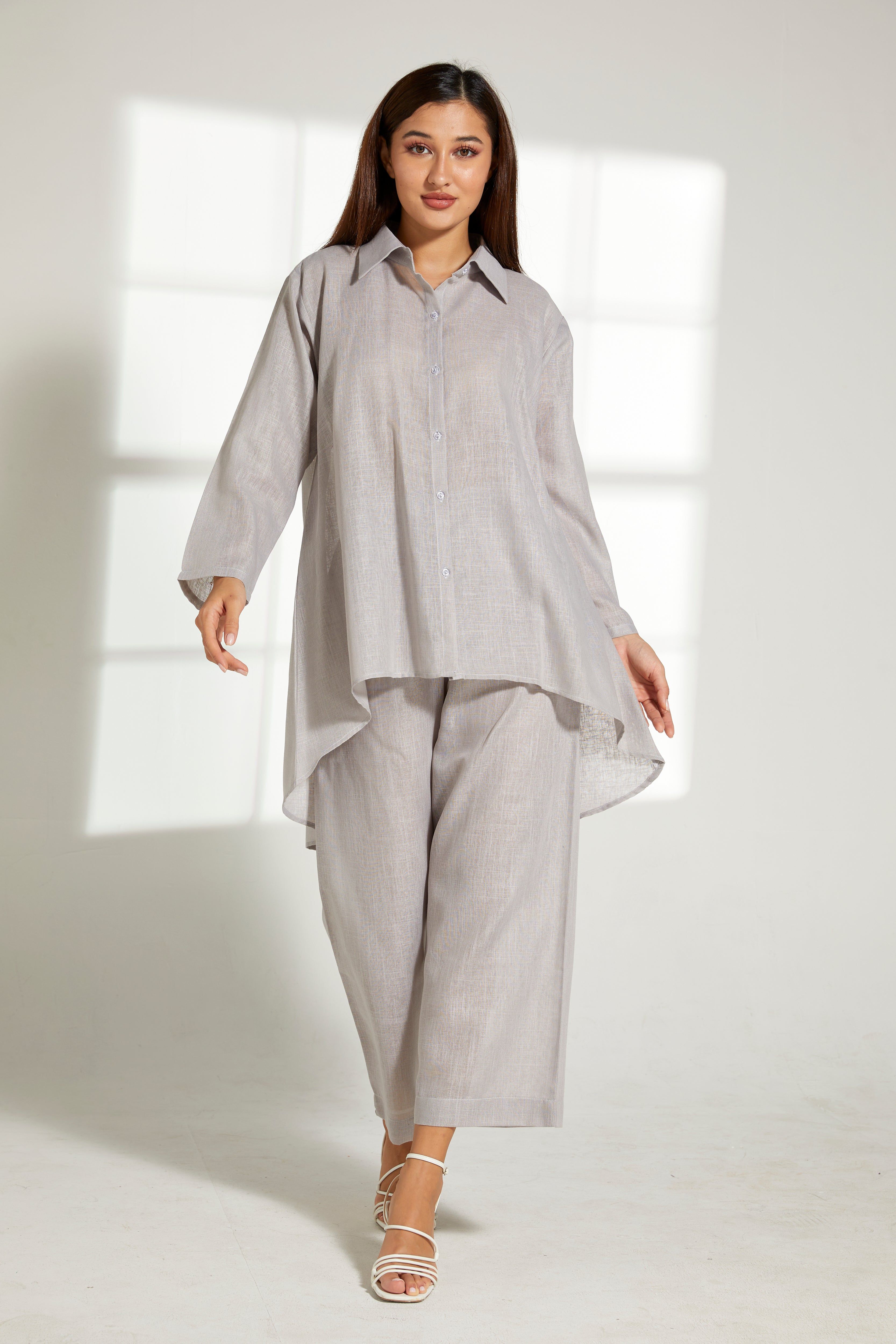 MOiSTREET Grey Linen Fabric Top and Pants Set