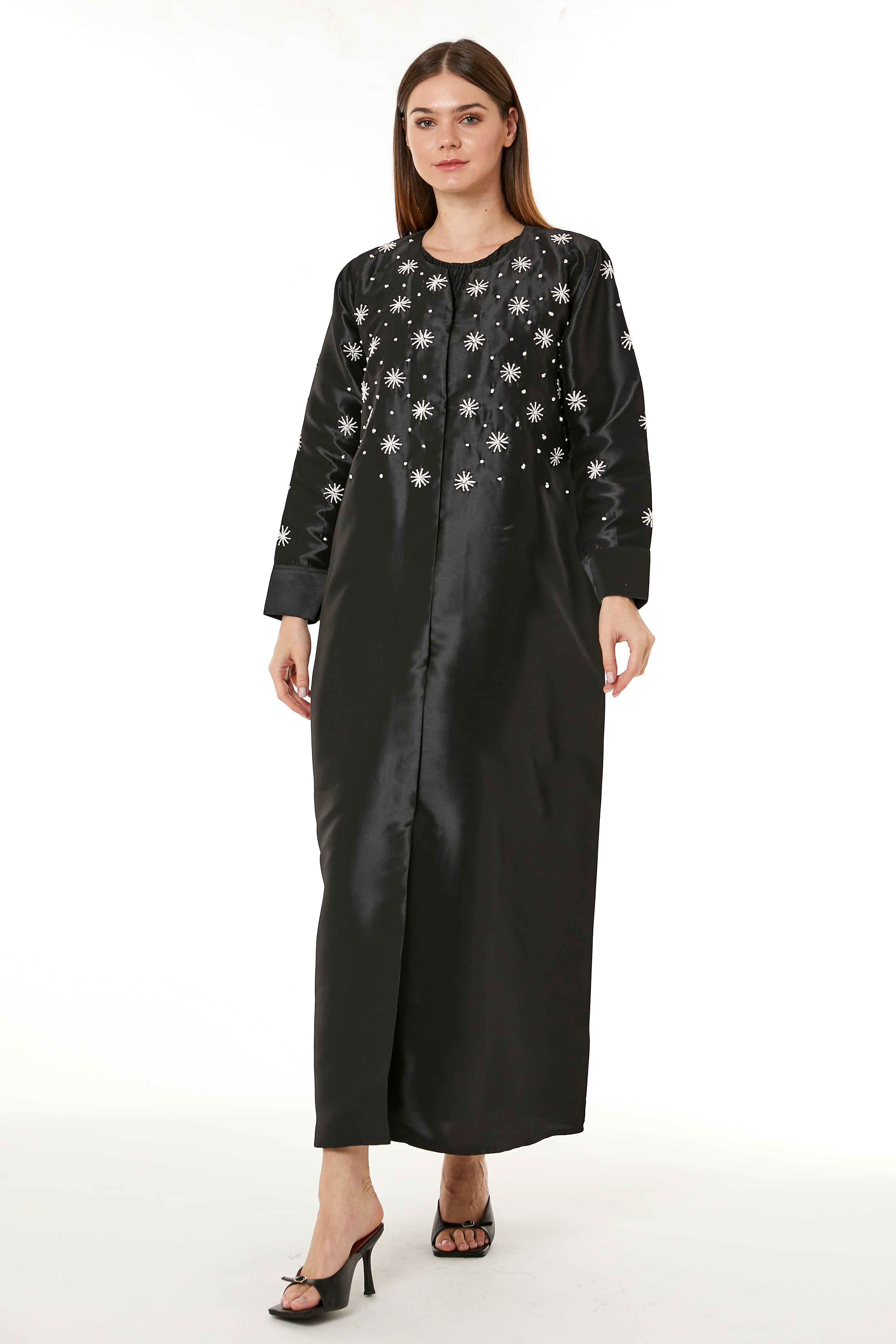 Black Victoria Satin Embroidered Abaya