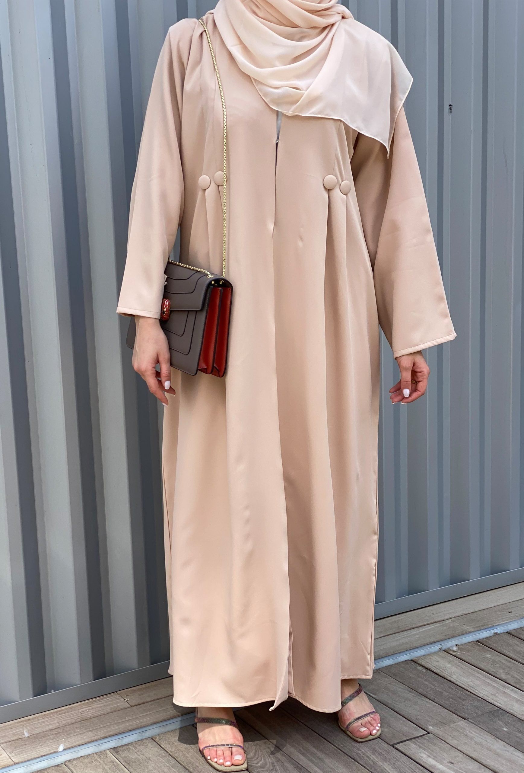 MOiSTREET Barbie Crepe Tan Abaya Set with Buttons Detailing along with  Under Dress and Sheila