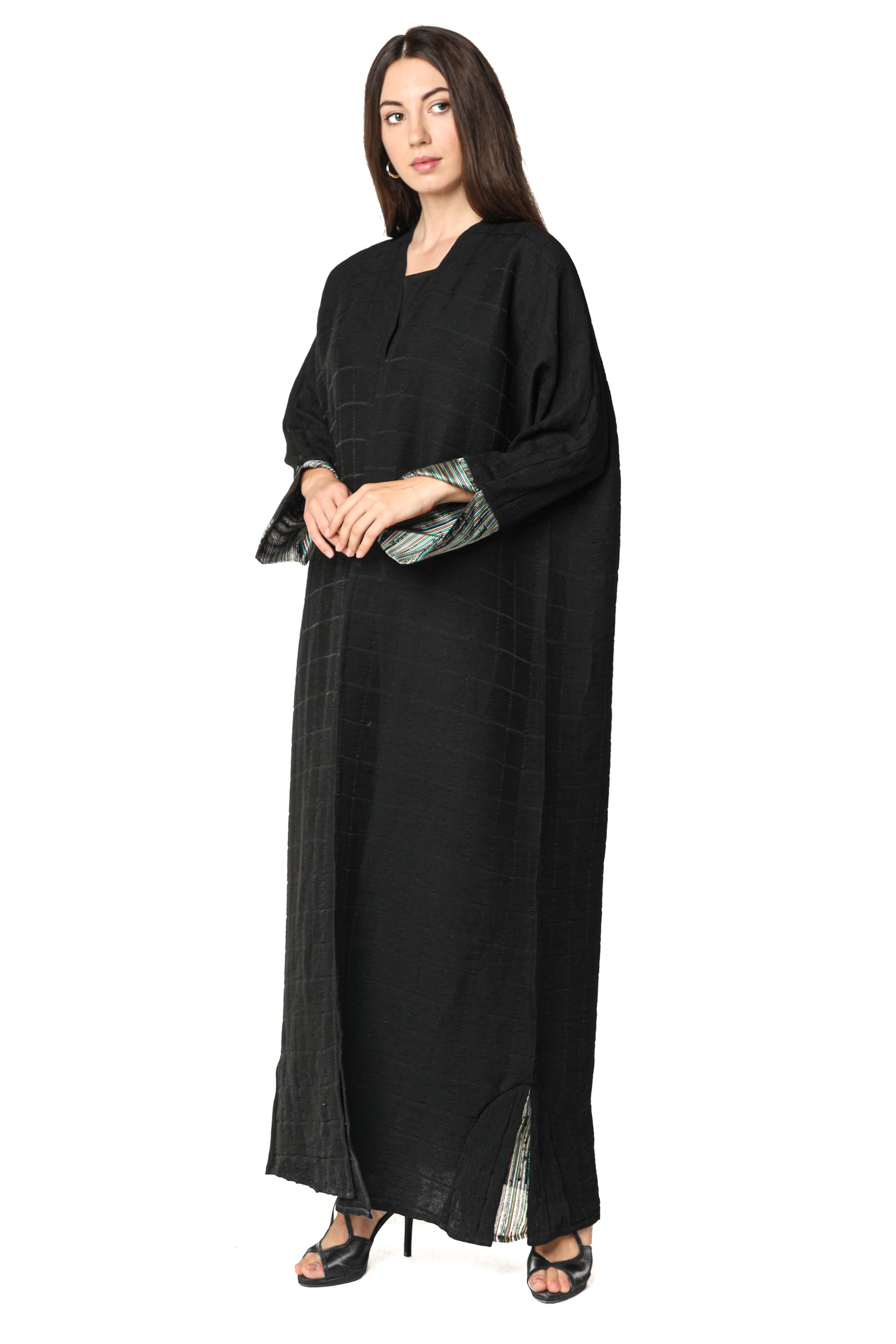 MOiSTREET Black Pleated Fabric Abaya with Colorful Cuffs