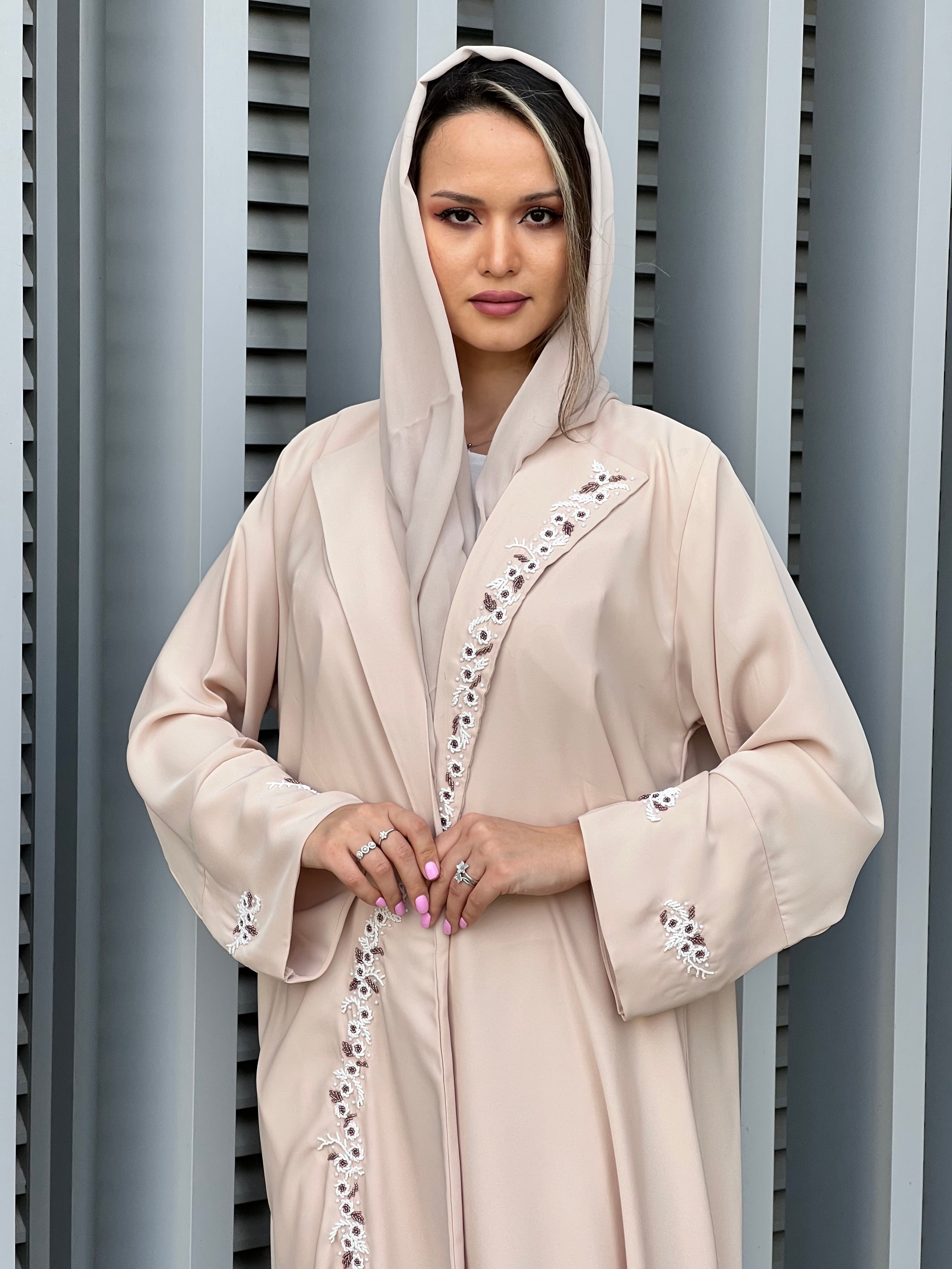 MOiSTREET Beige Korean Nada Embroidery Abaya