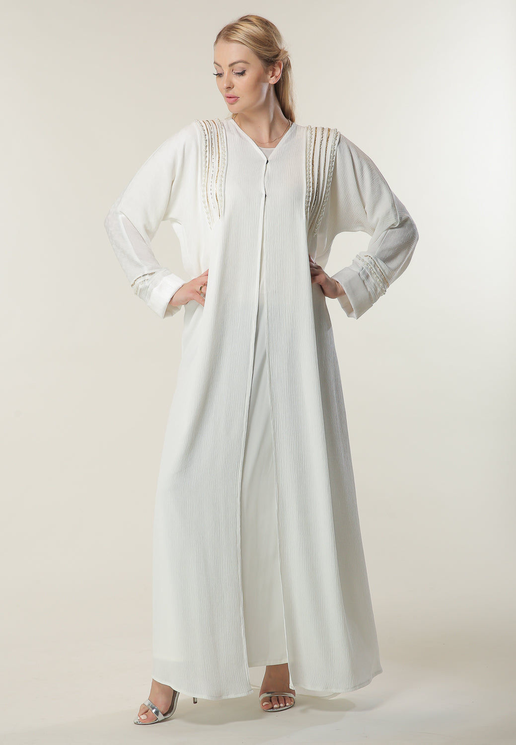 MOiSTREET White Abaya with Hand Work on shoulders