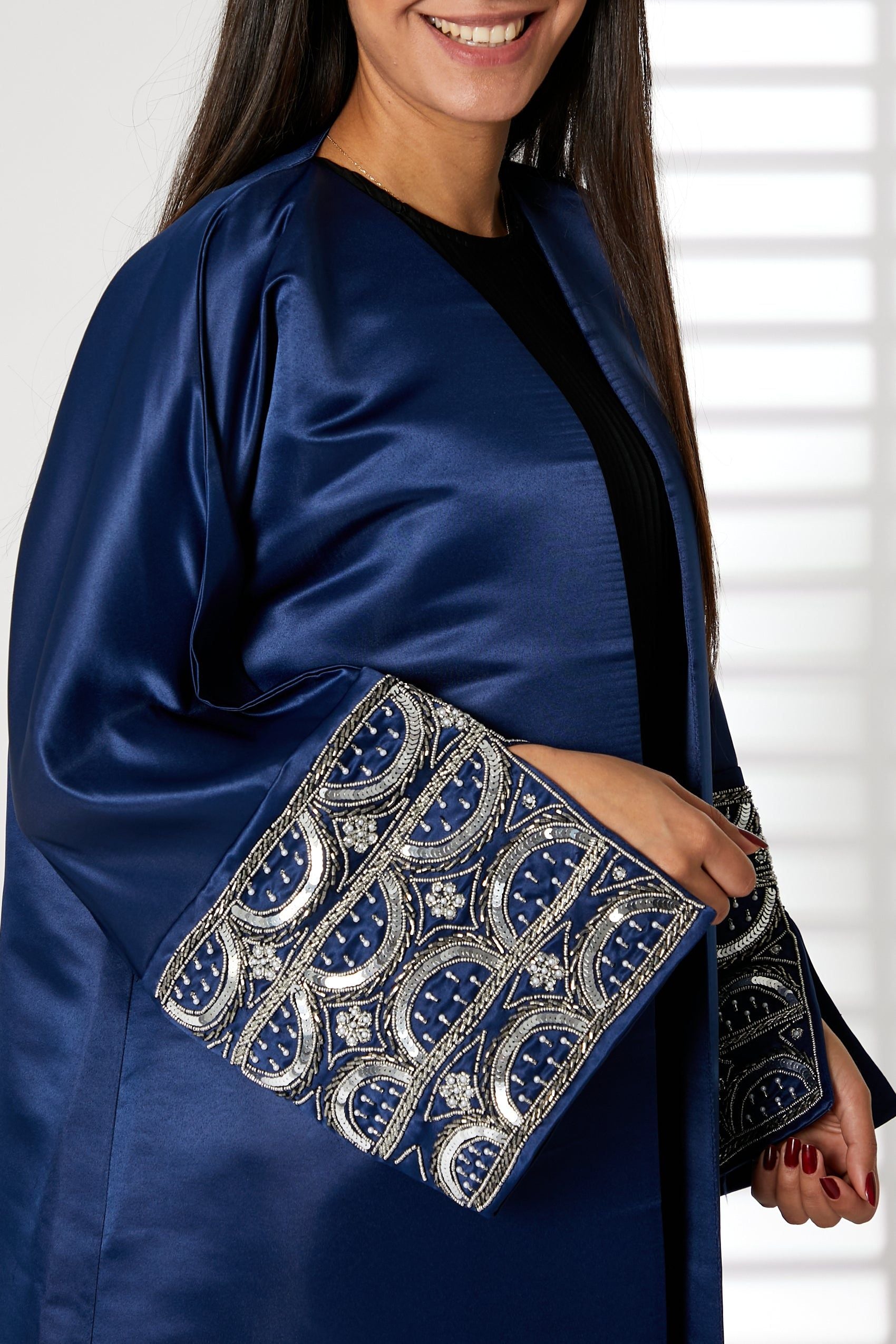 MOiSTREET Navy V-Neck Bridal Satin Split Cuffs Abaya