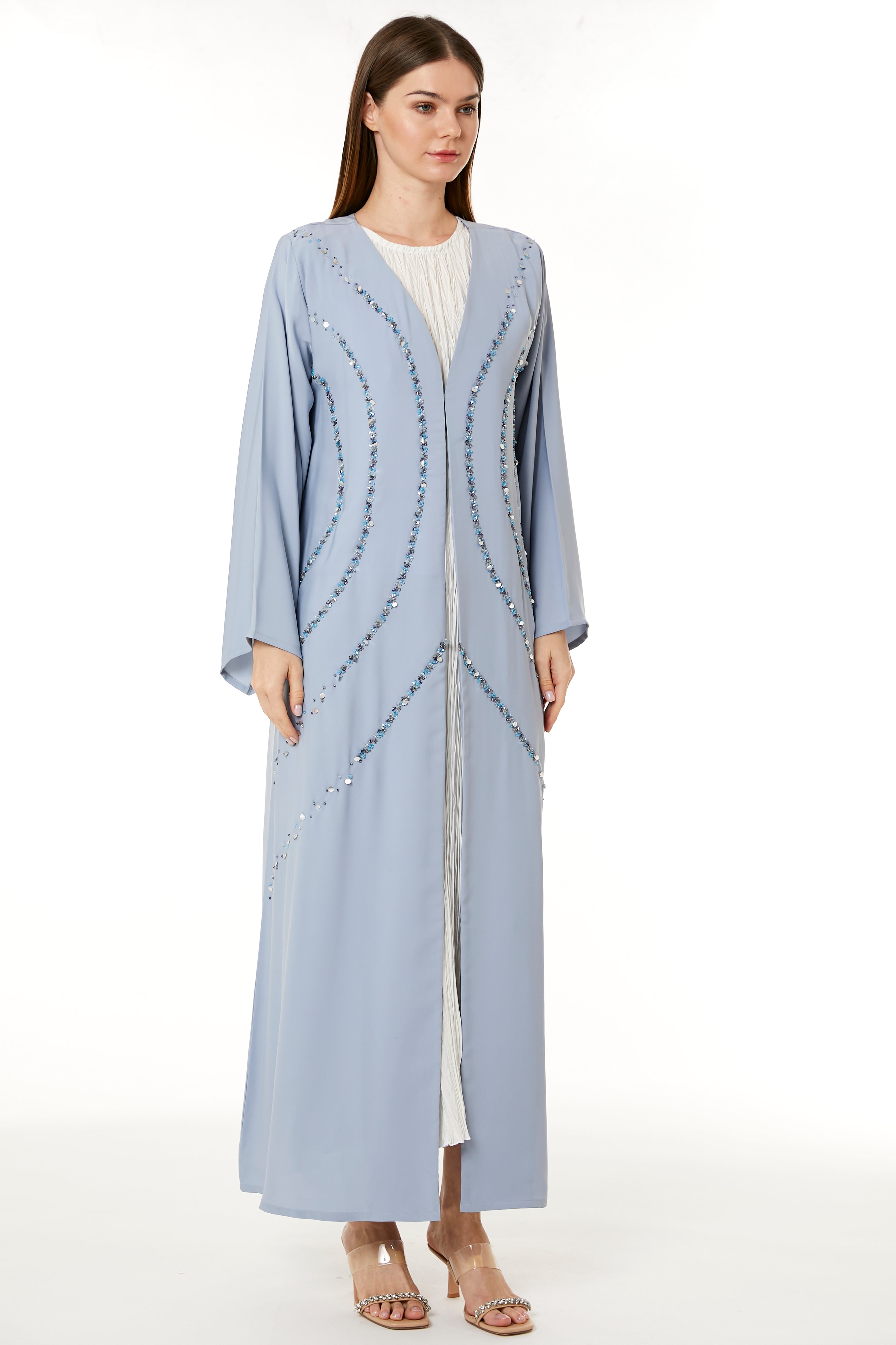 Light Blue Indonesian Crepe Hand Embellished Abaya