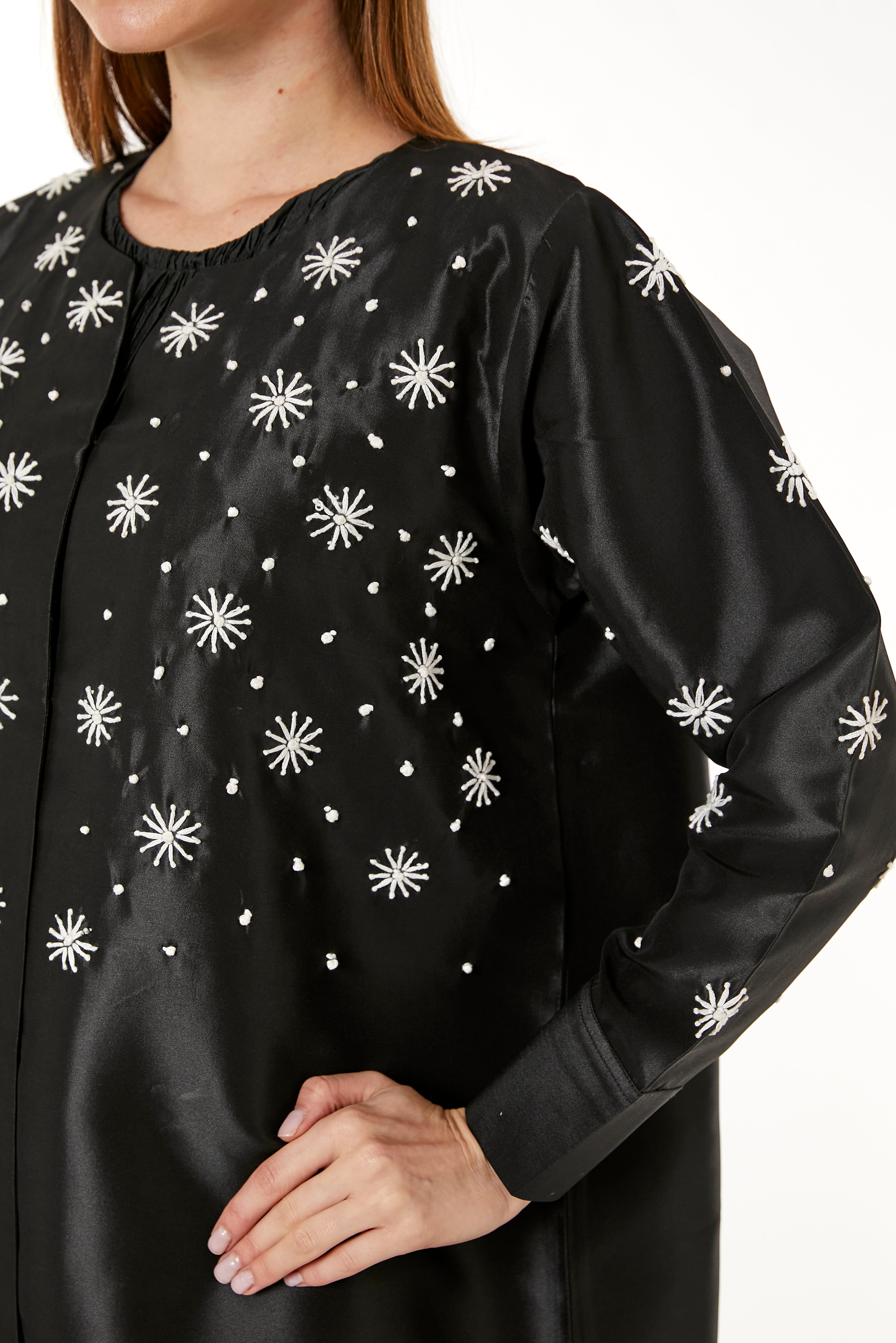 Black Victoria Satin Embroidered Abaya