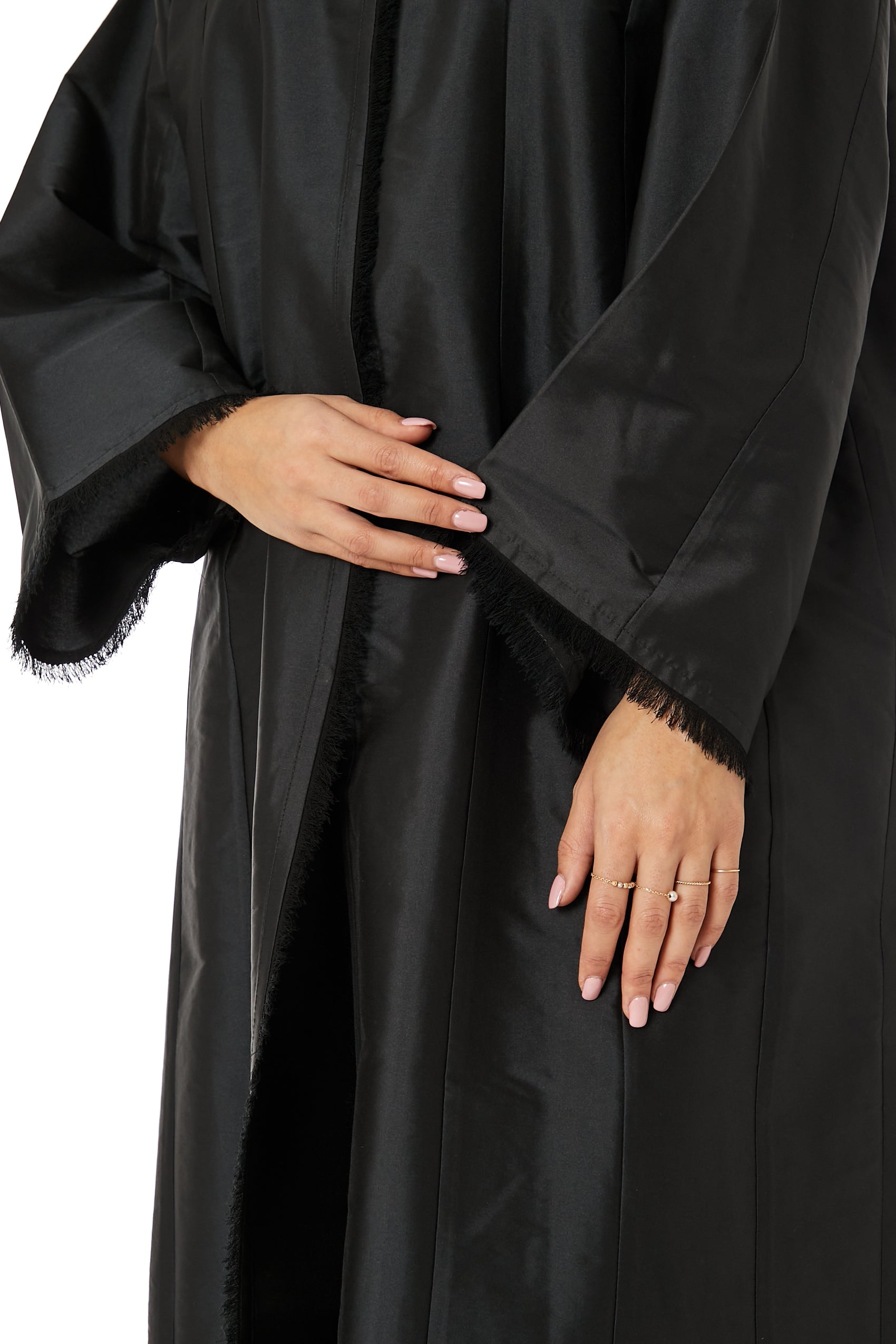 MOiSTREET Black Taffeta Open Abaya with Lace