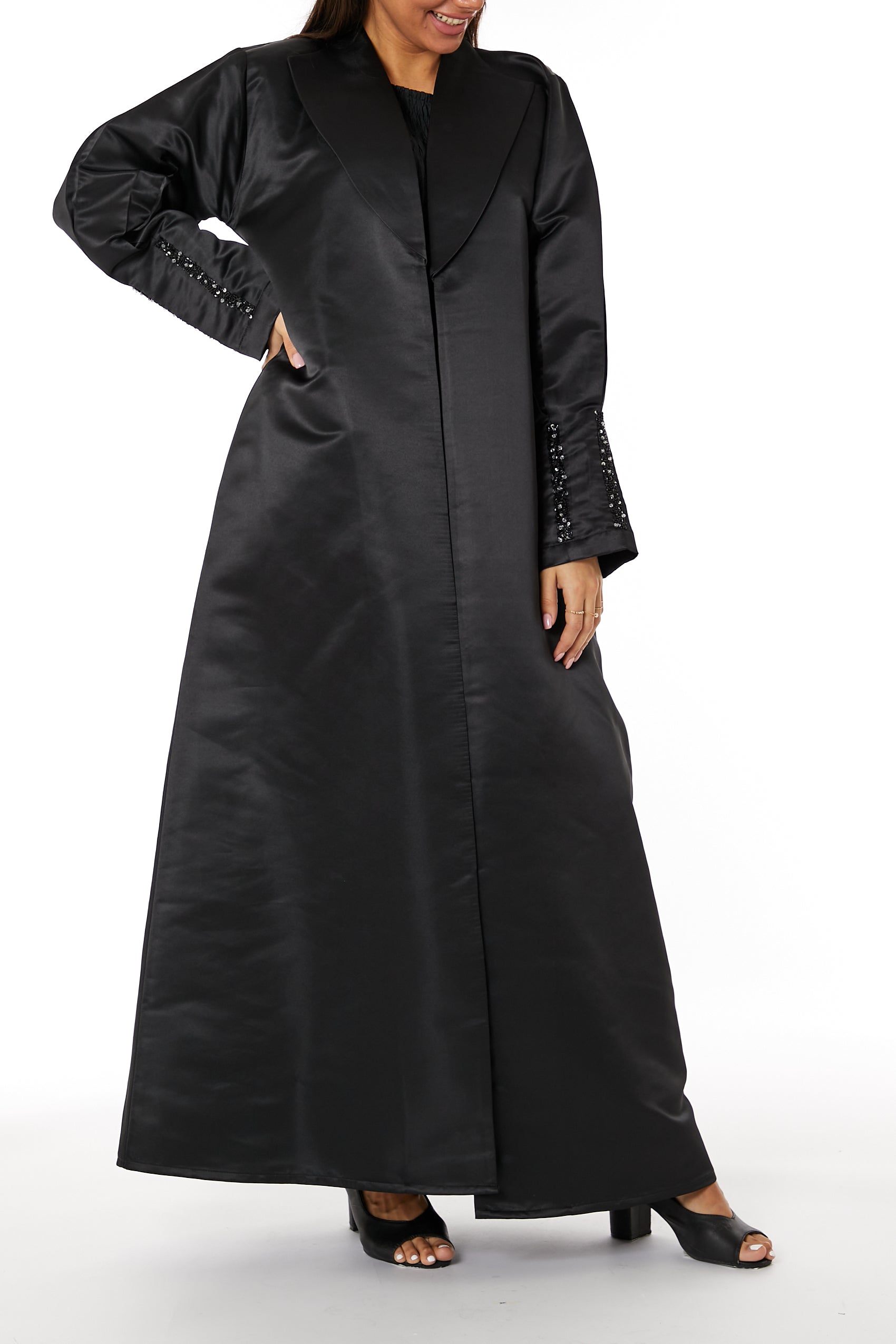 MOiSTREET Black Bridal Satin Abaya with Lapel Collar