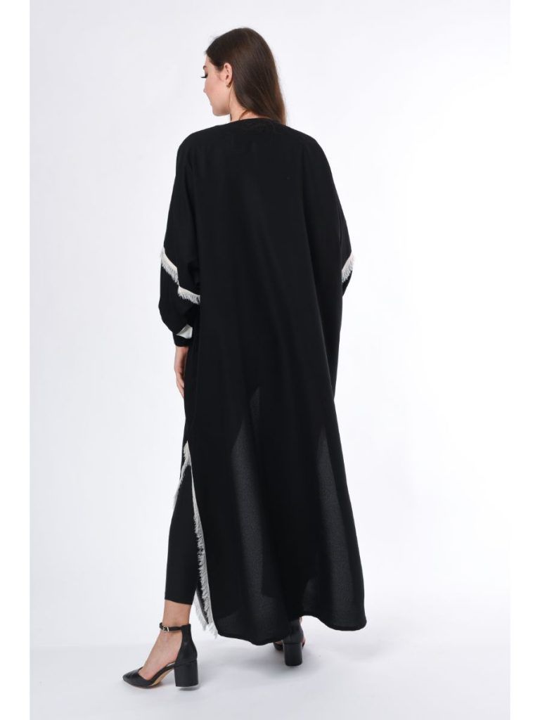 MOiSTREET Black Abaya with White Fringe Detail