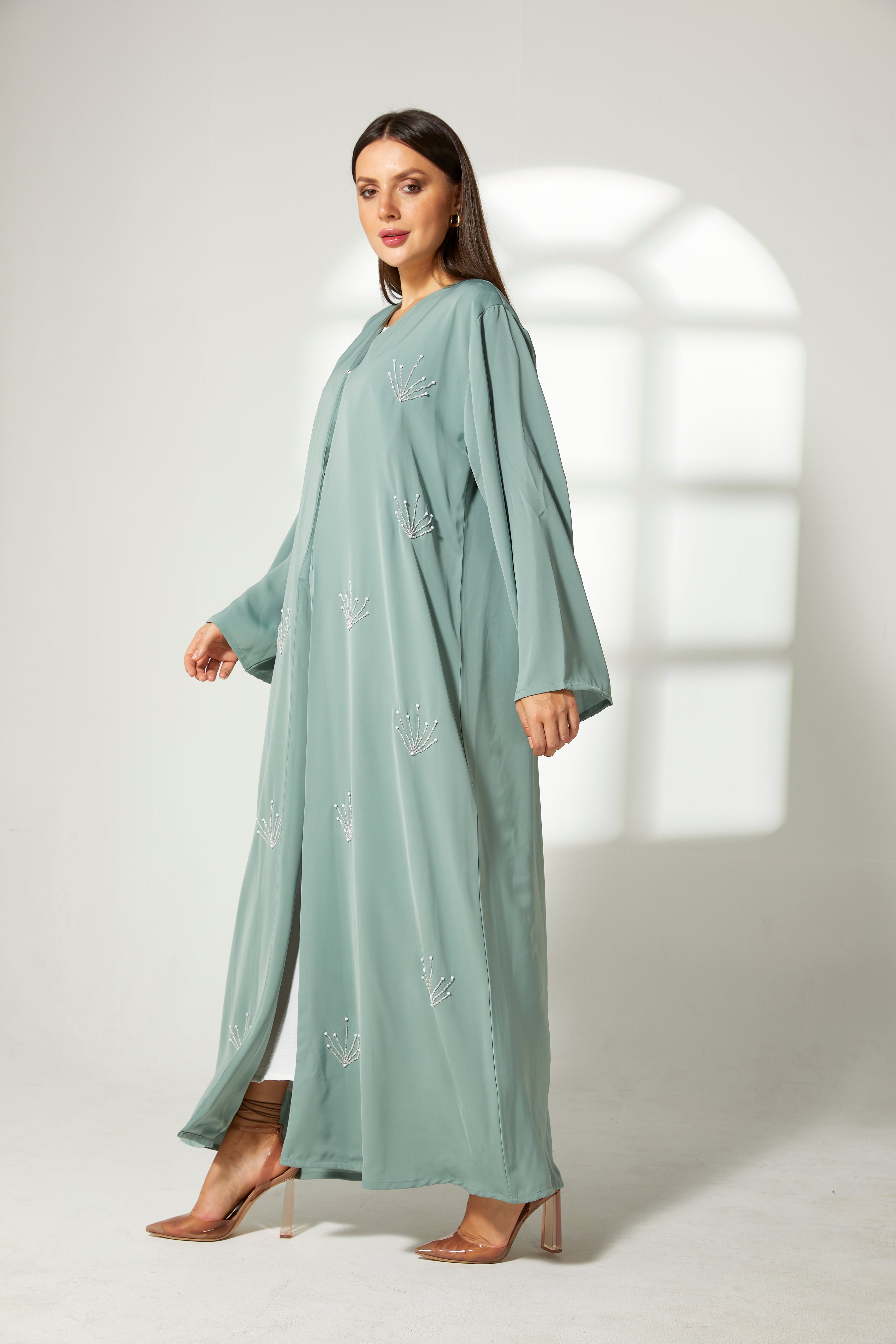 MOiSTREET Sea Green Korean Nida Embroidery Abaya