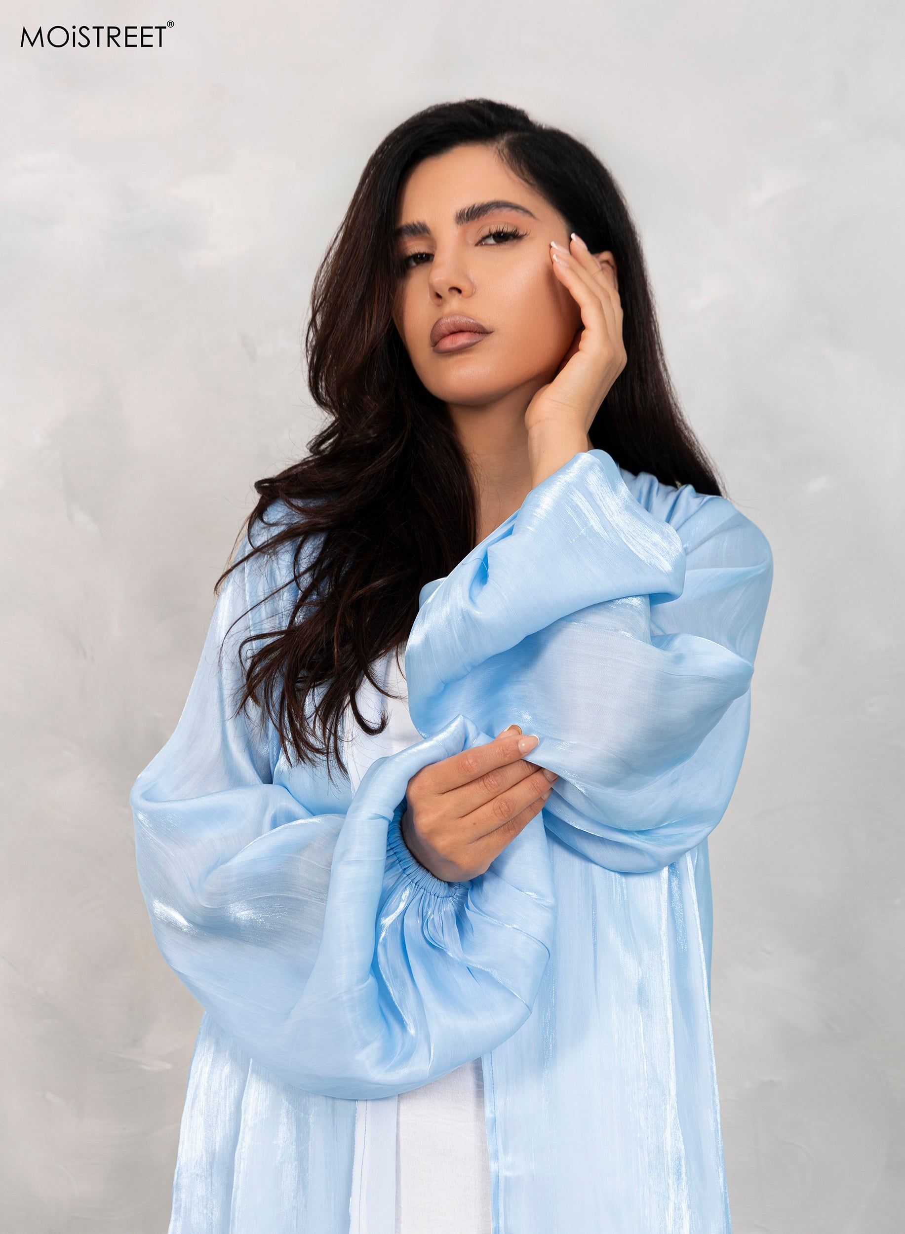 MOiSTREET Baby Blue Abaya Set Comes with Under Dress and Sheila