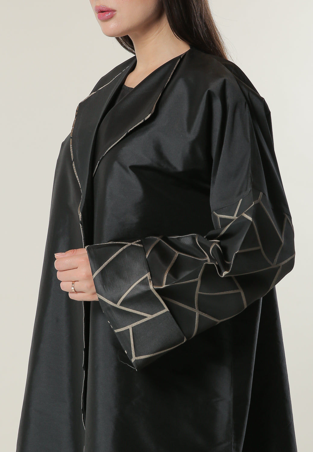 MOiSTREET Black Coat style Abaya with Jacquard Sleeves and Pipin