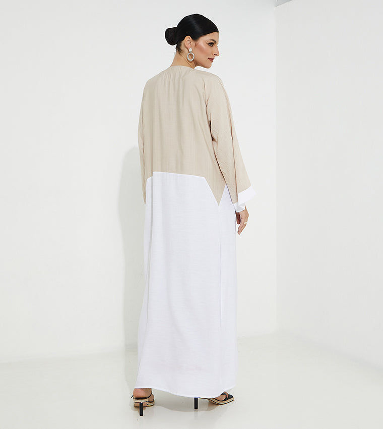 MOiSTREET  Beige And White Babus Color block Abaya