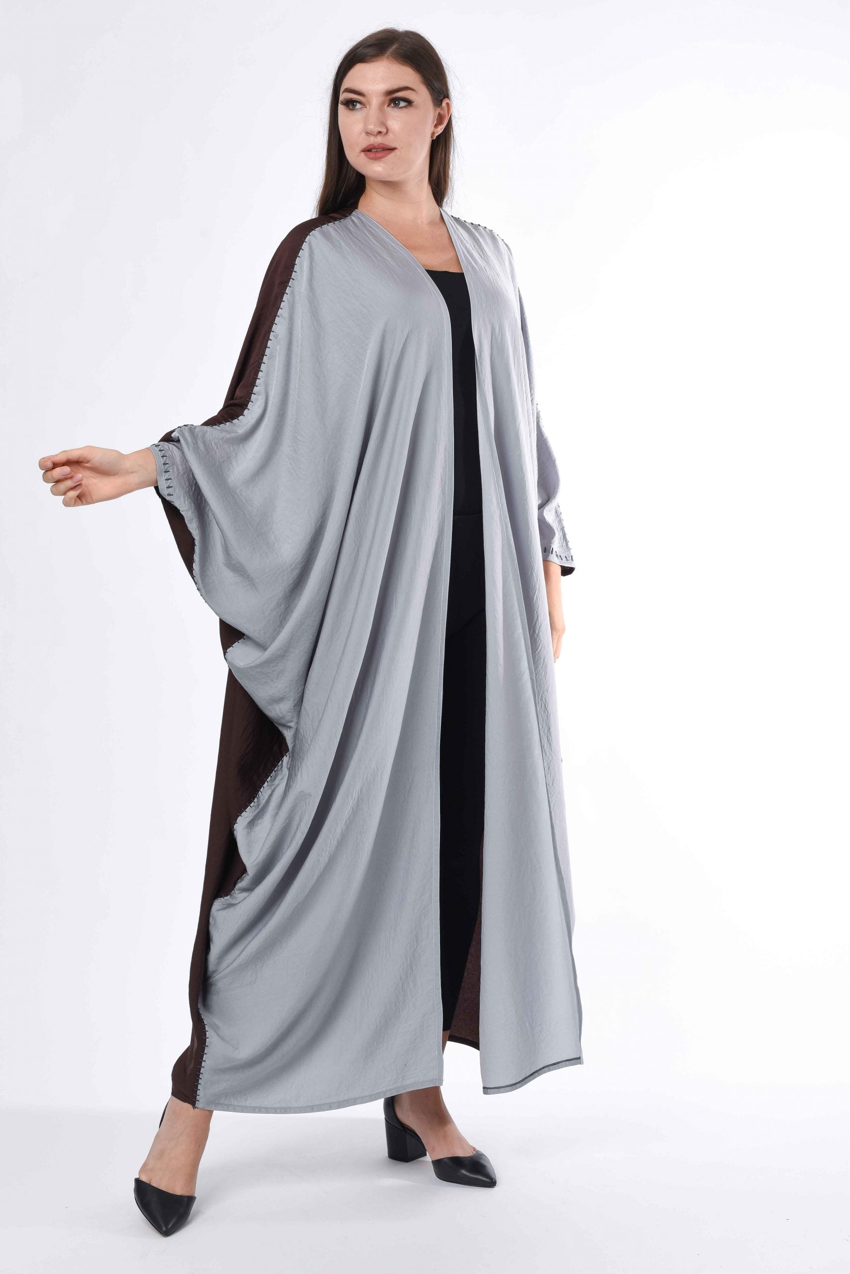 MOiSTREET Grey Brown Abaya with Hand Buck Stitch