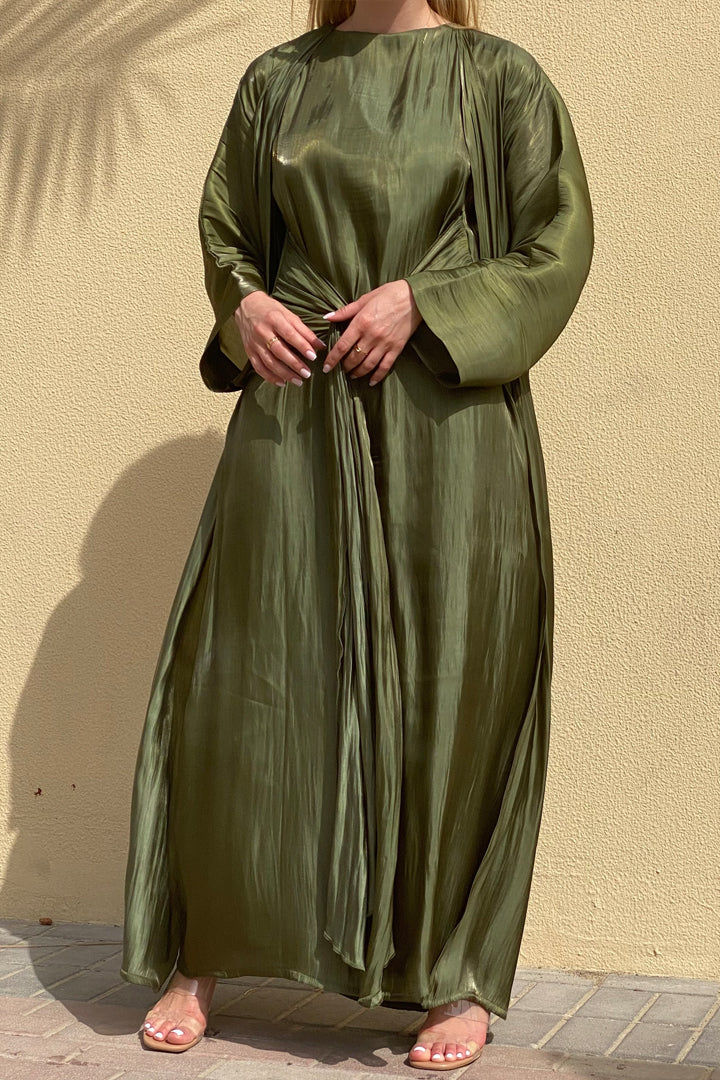 MOiSTREET Rotana Shimmer Green Abaya Set Comes With 3 Piece