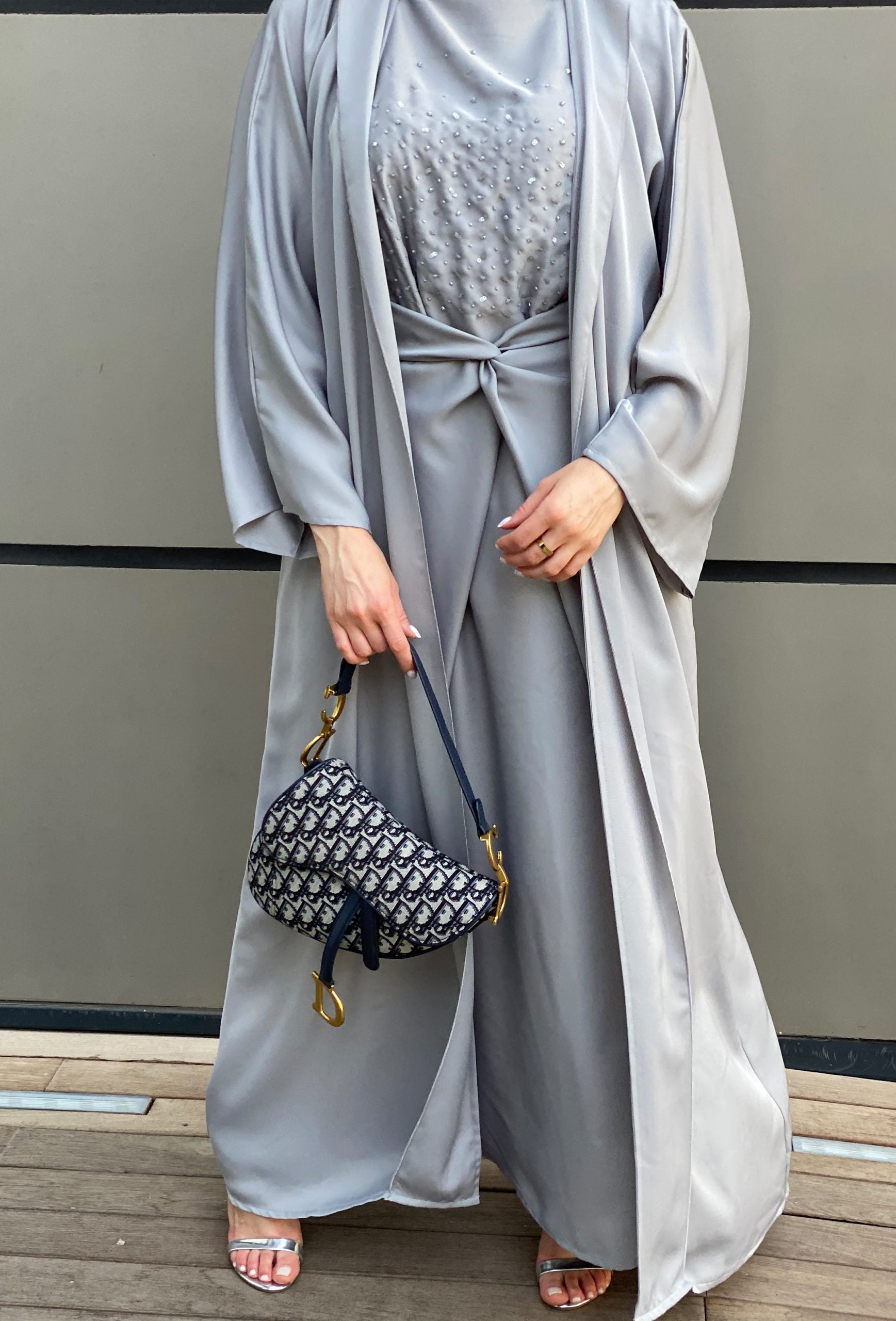 MOiSTREET Korean Nada Grey Abaya Set with Embroidered under dress attached with Belt
