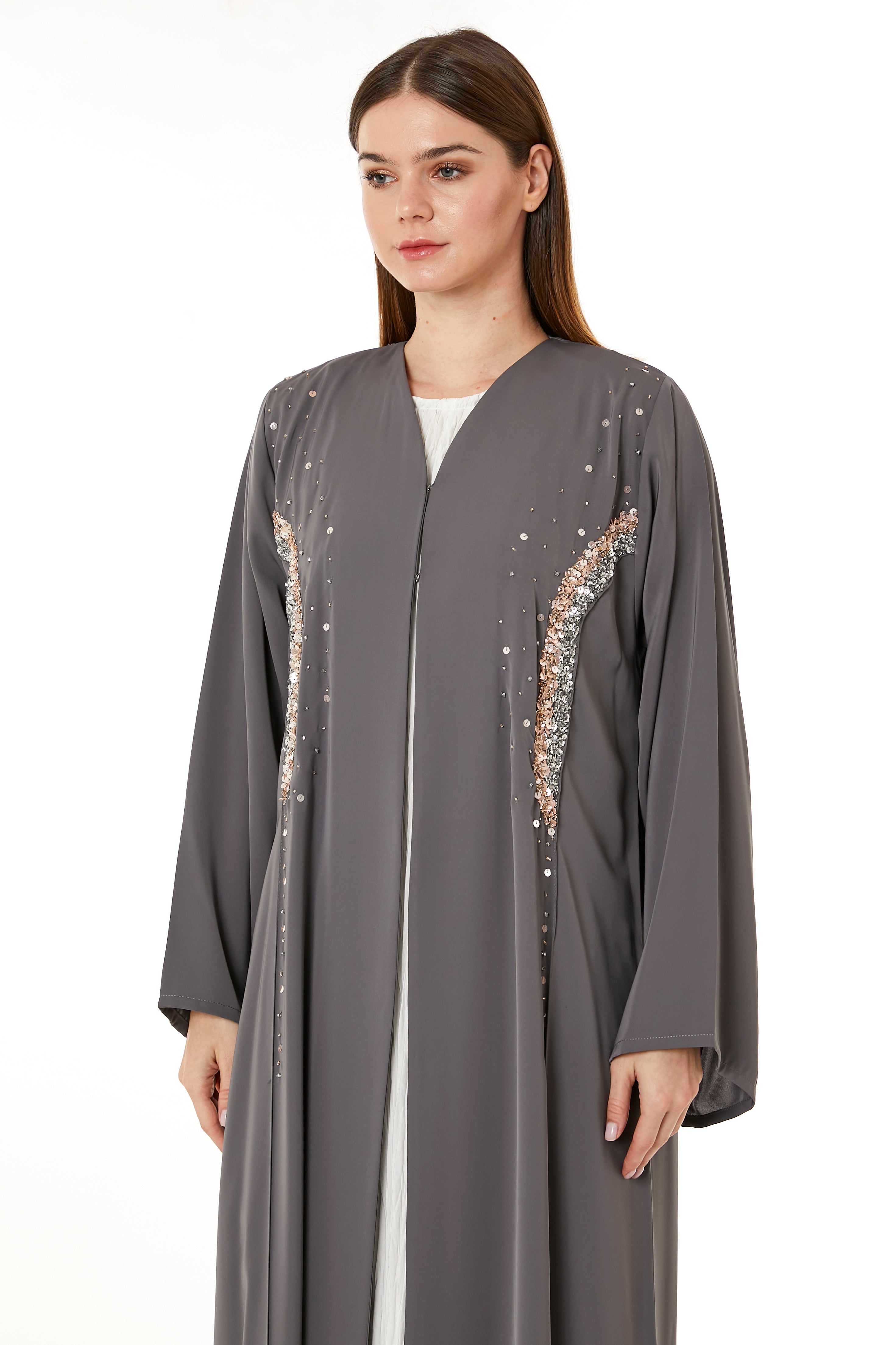 Grey Korean Nida Hand Embellished Abaya