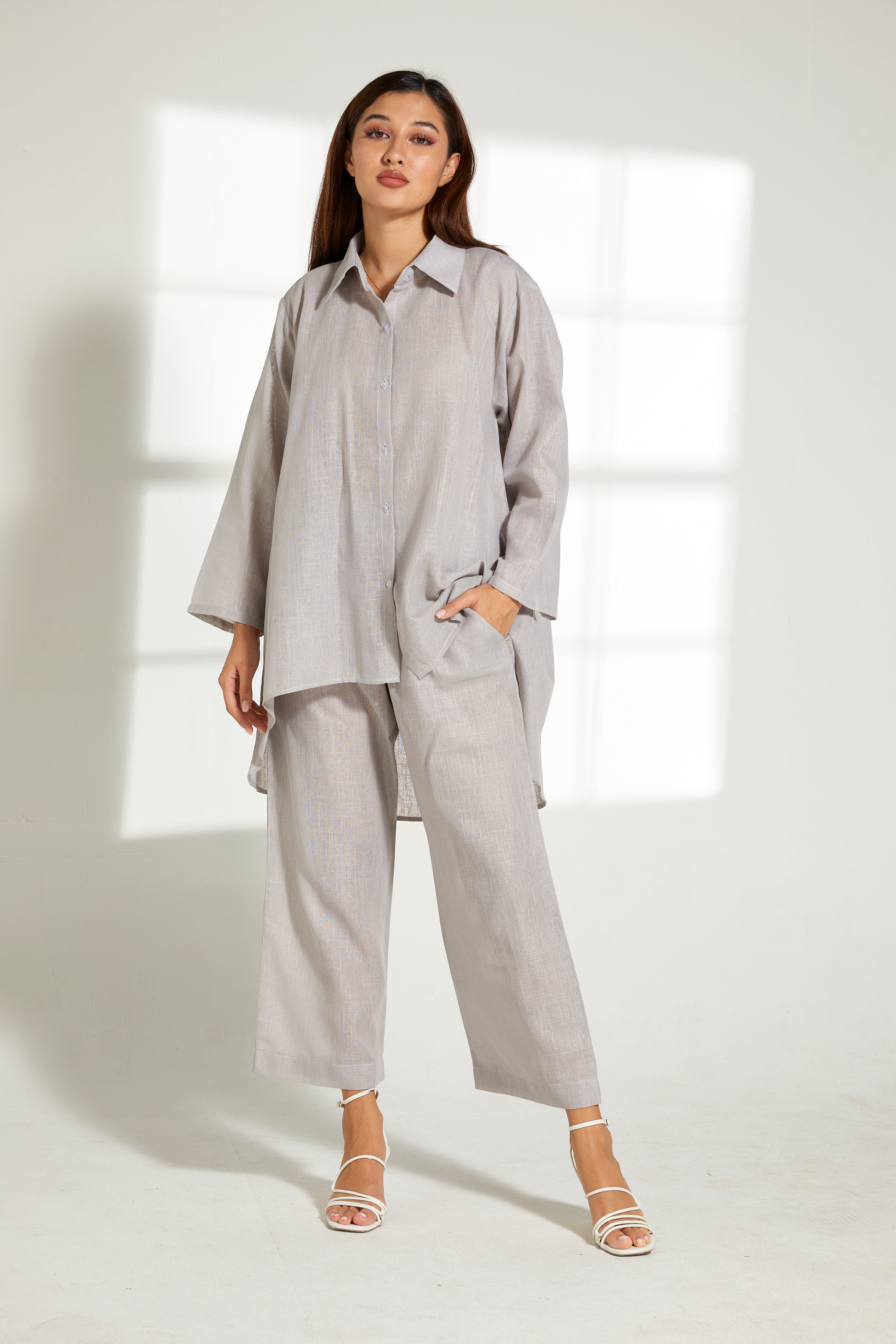 MOiSTREET Grey Linen Fabric Top and Pants Set