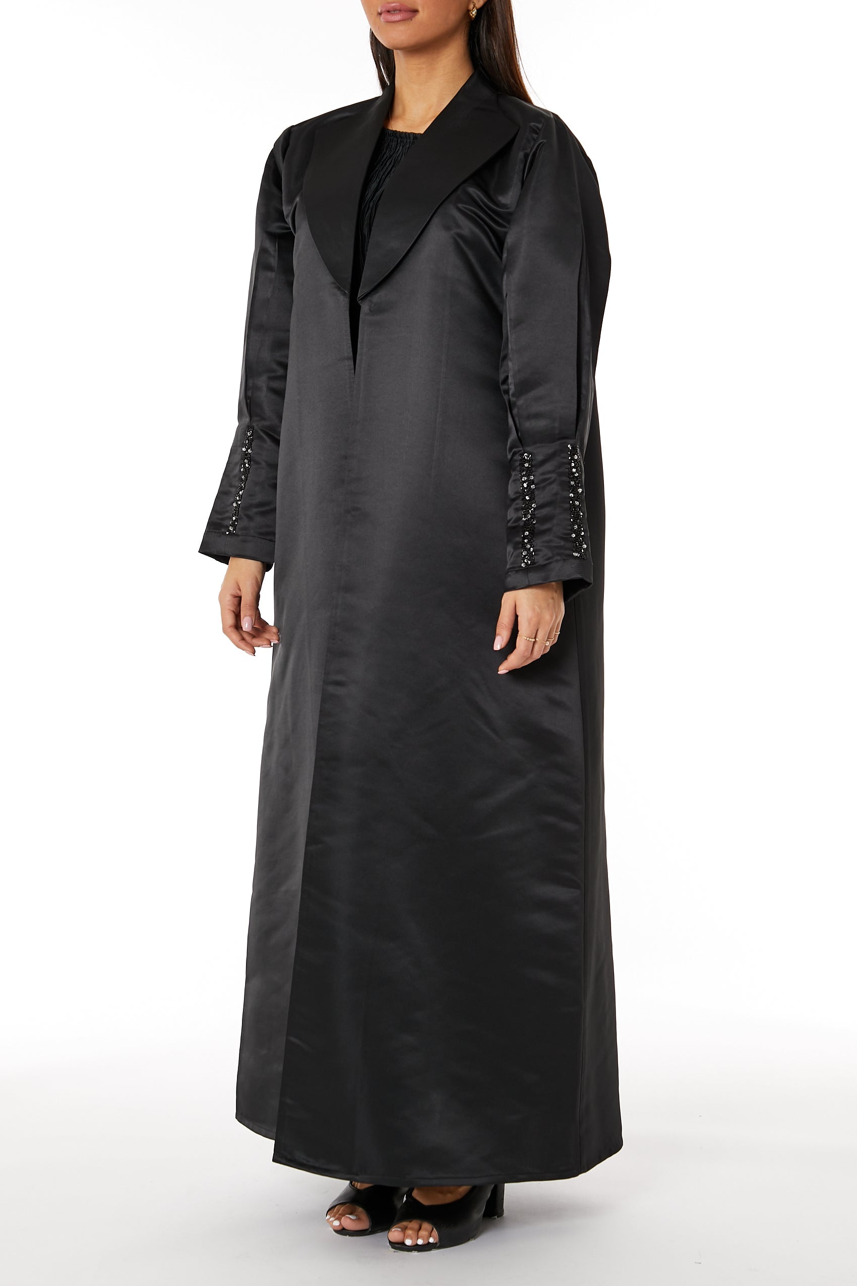 MOiSTREET Black Bridal Satin Abaya with Lapel Collar