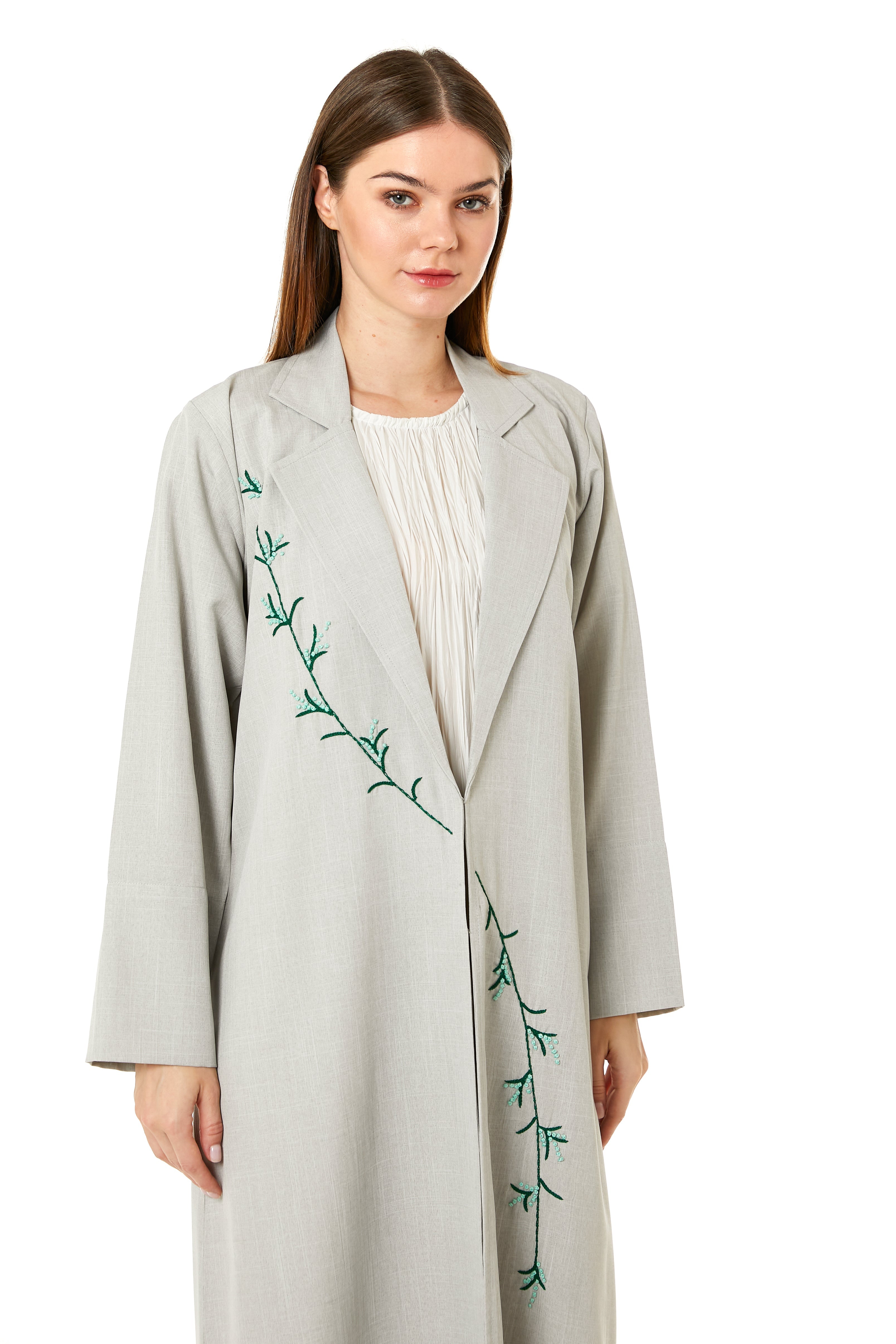 Beige Linen Embroidered Abaya