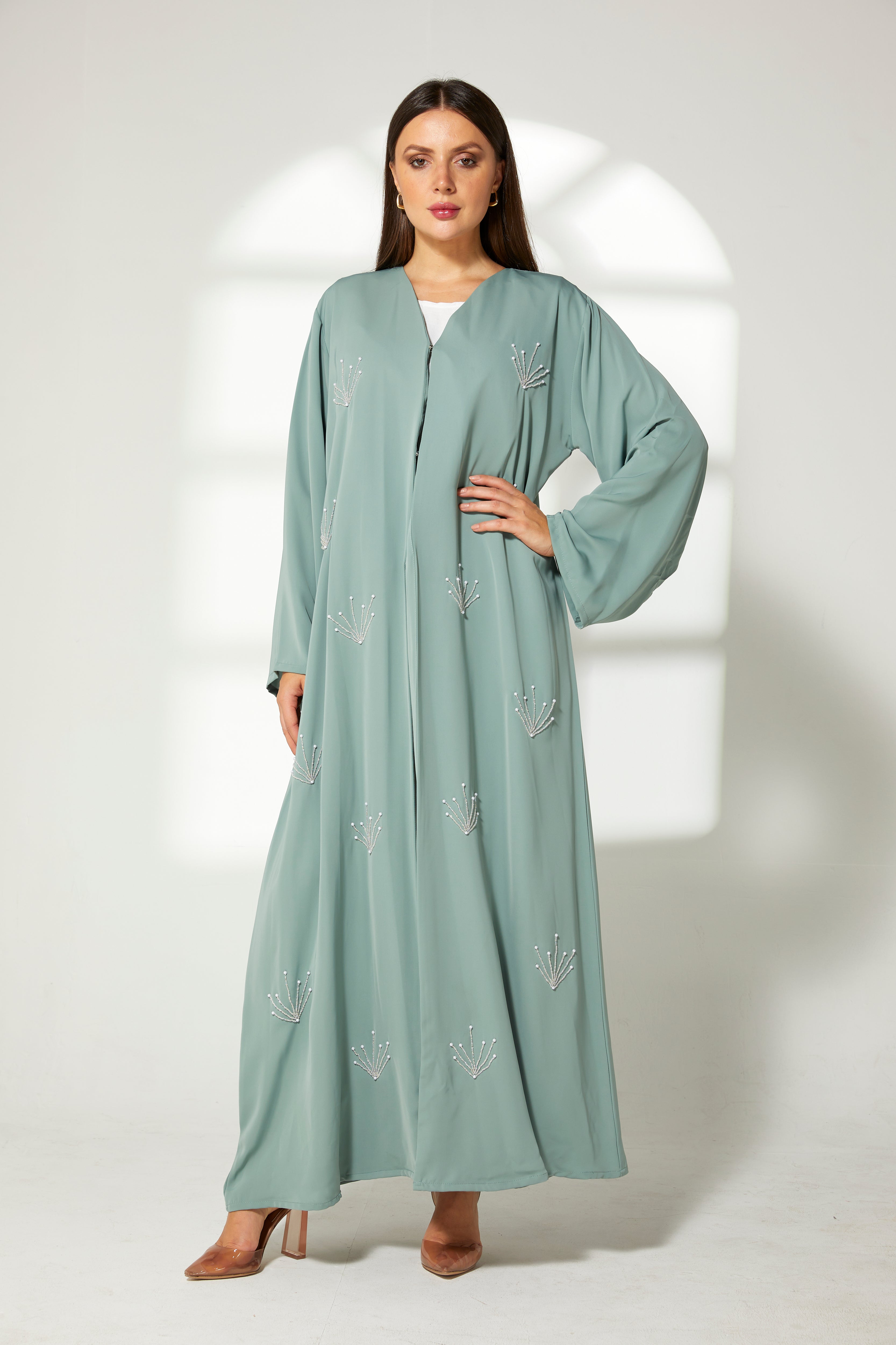 MOiSTREET Sea Green Korean Nida Embroidery Abaya