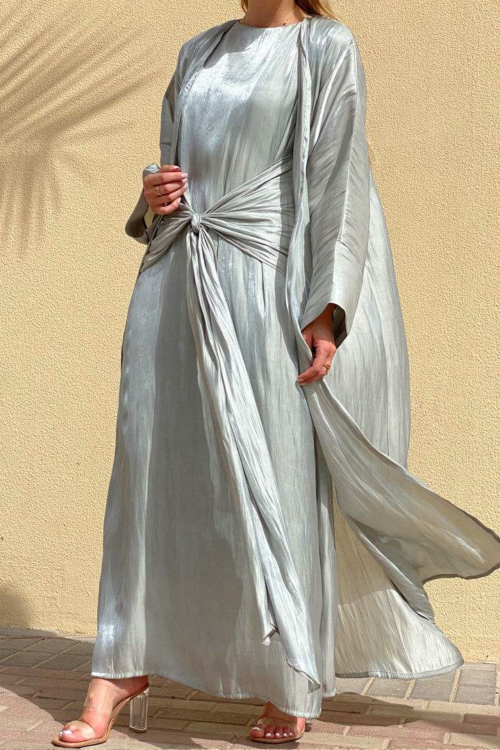 MOiSTREET Rotana Shimmer Tiara Grey Abaya Set Comes With 3 Piece