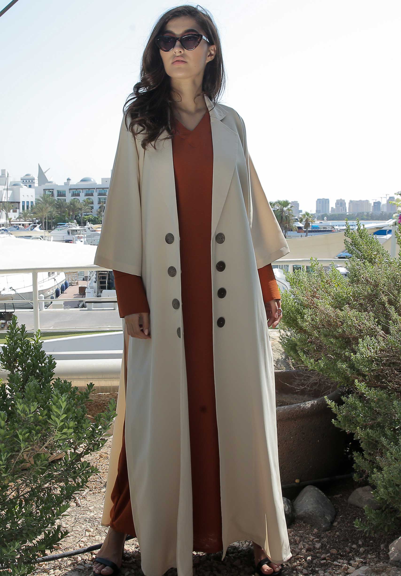 MOiSTREET Beige Overcoat with Rust Inner Dress