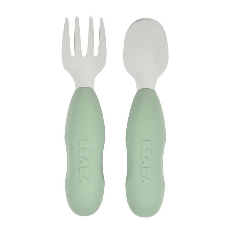 Beaba Set of 2 Stainless Steel Pre Cutlery SageGreen